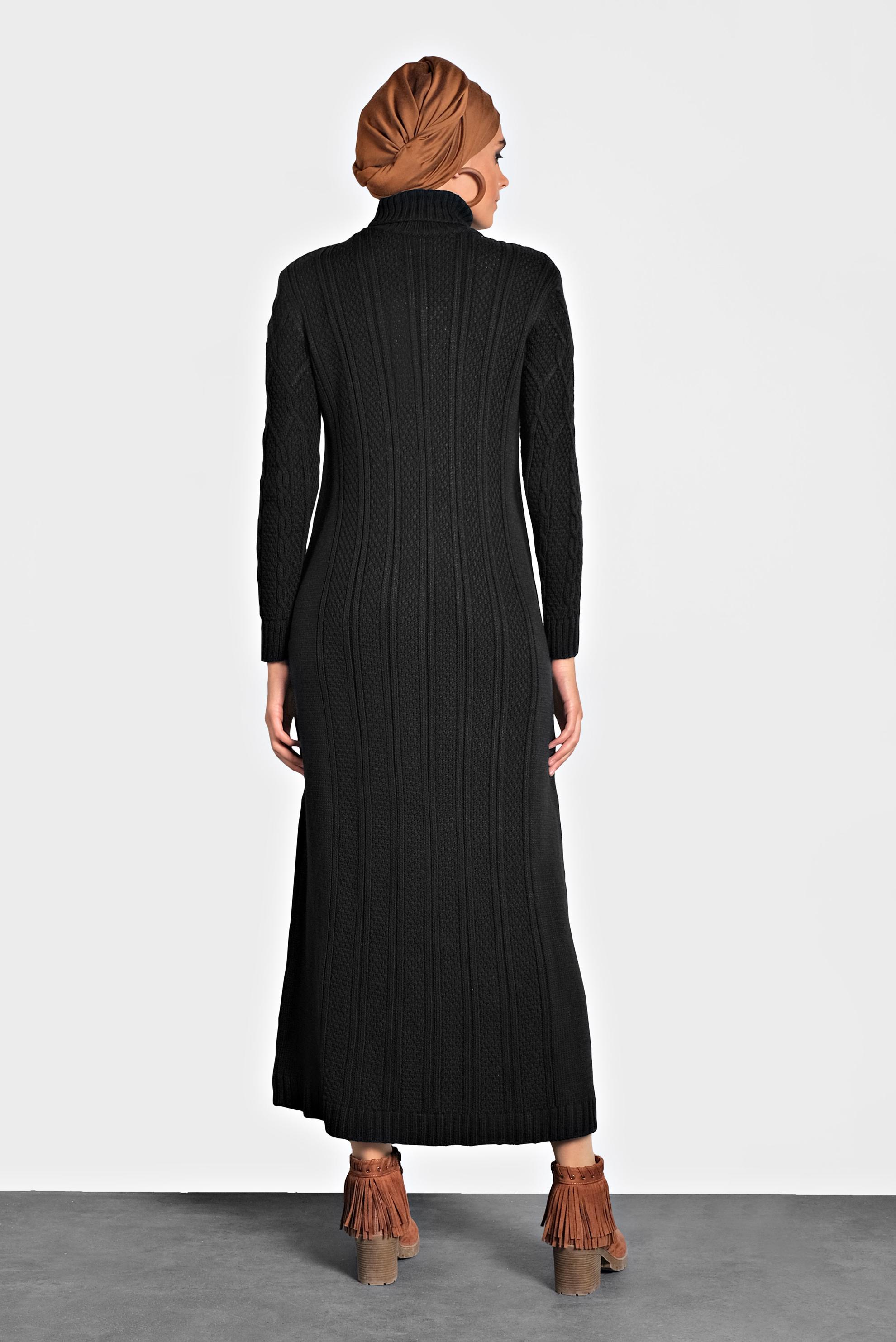 Tesettür giyim SİYAH BALIKÇI YAKA ÖRGÜ TRİKO ELBİSE 40078 