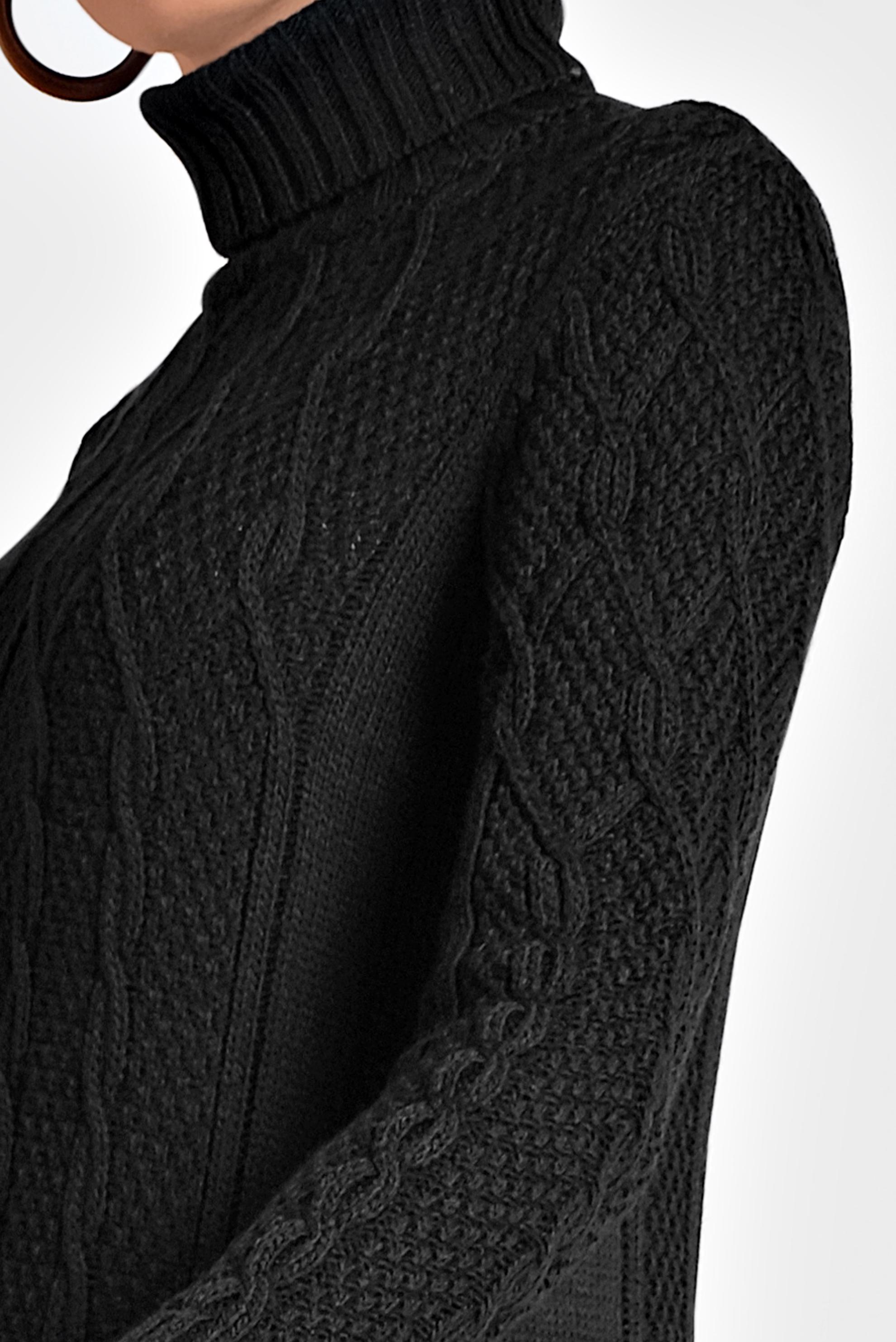 Tesettür giyim SİYAH BALIKÇI YAKA ÖRGÜ TRİKO ELBİSE 40078 