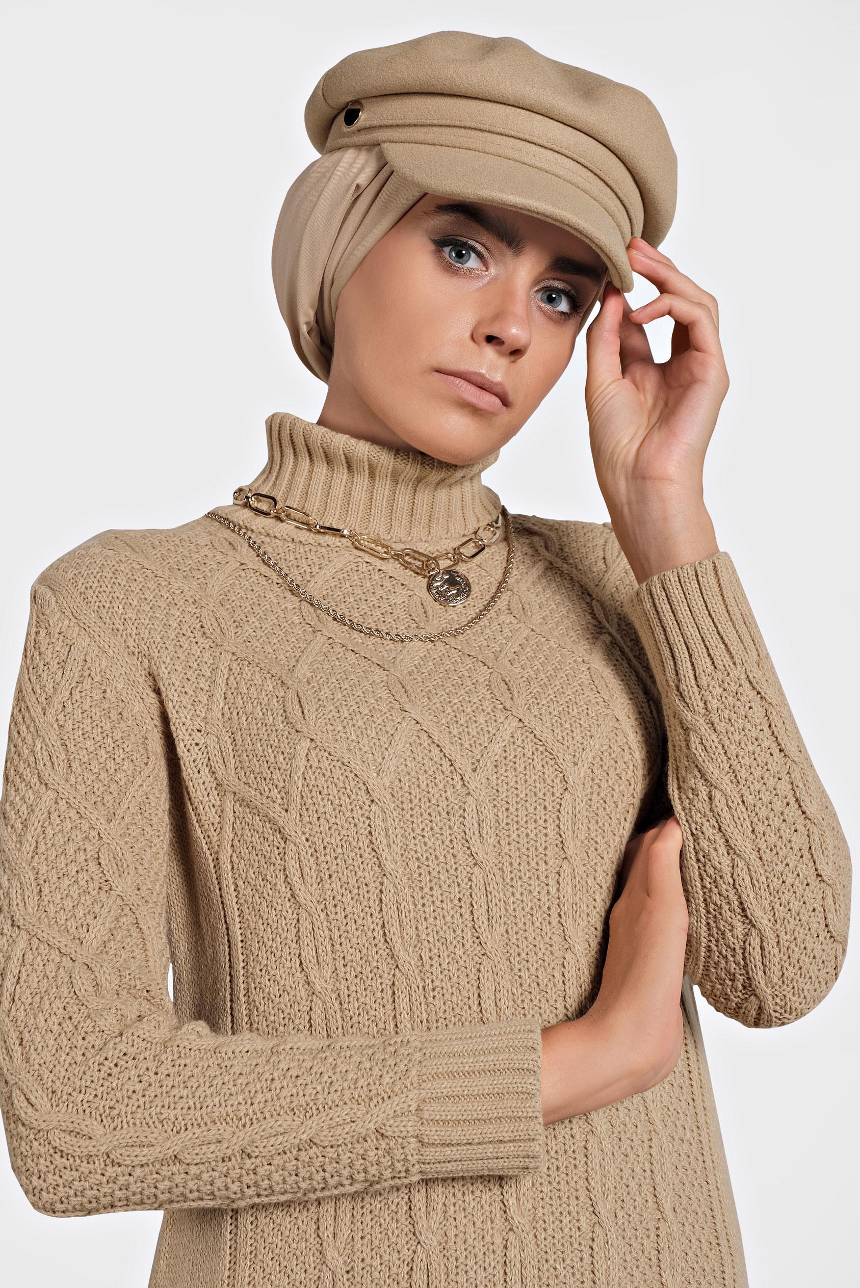 Tesettür giyim KAHVE BALIKÇI YAKA ÖRGÜ TRİKO ELBİSE 40078 