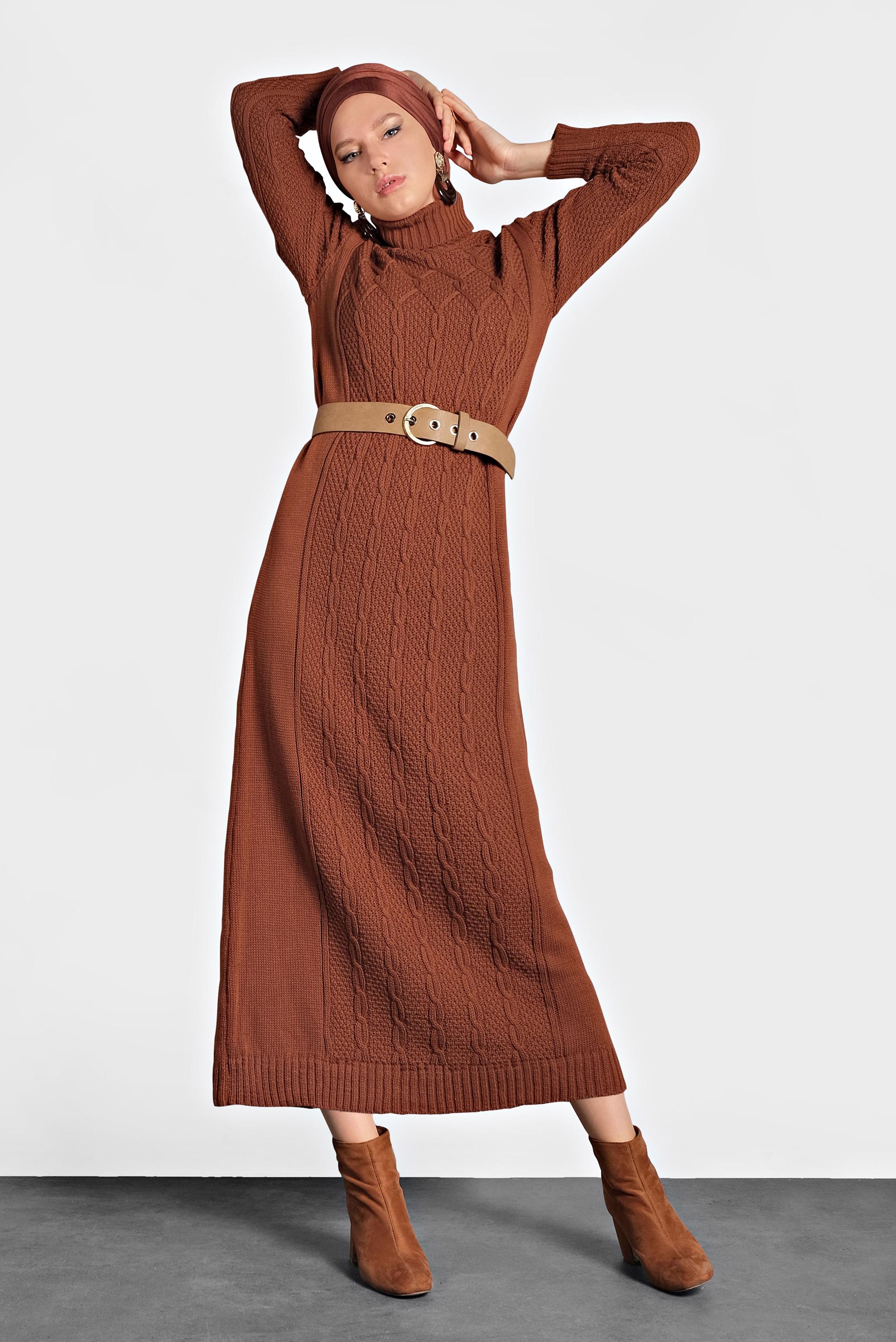 Tesettür giyim TURUNCU BALIKÇI YAKA ÖRGÜ TRİKO ELBİSE 40078 