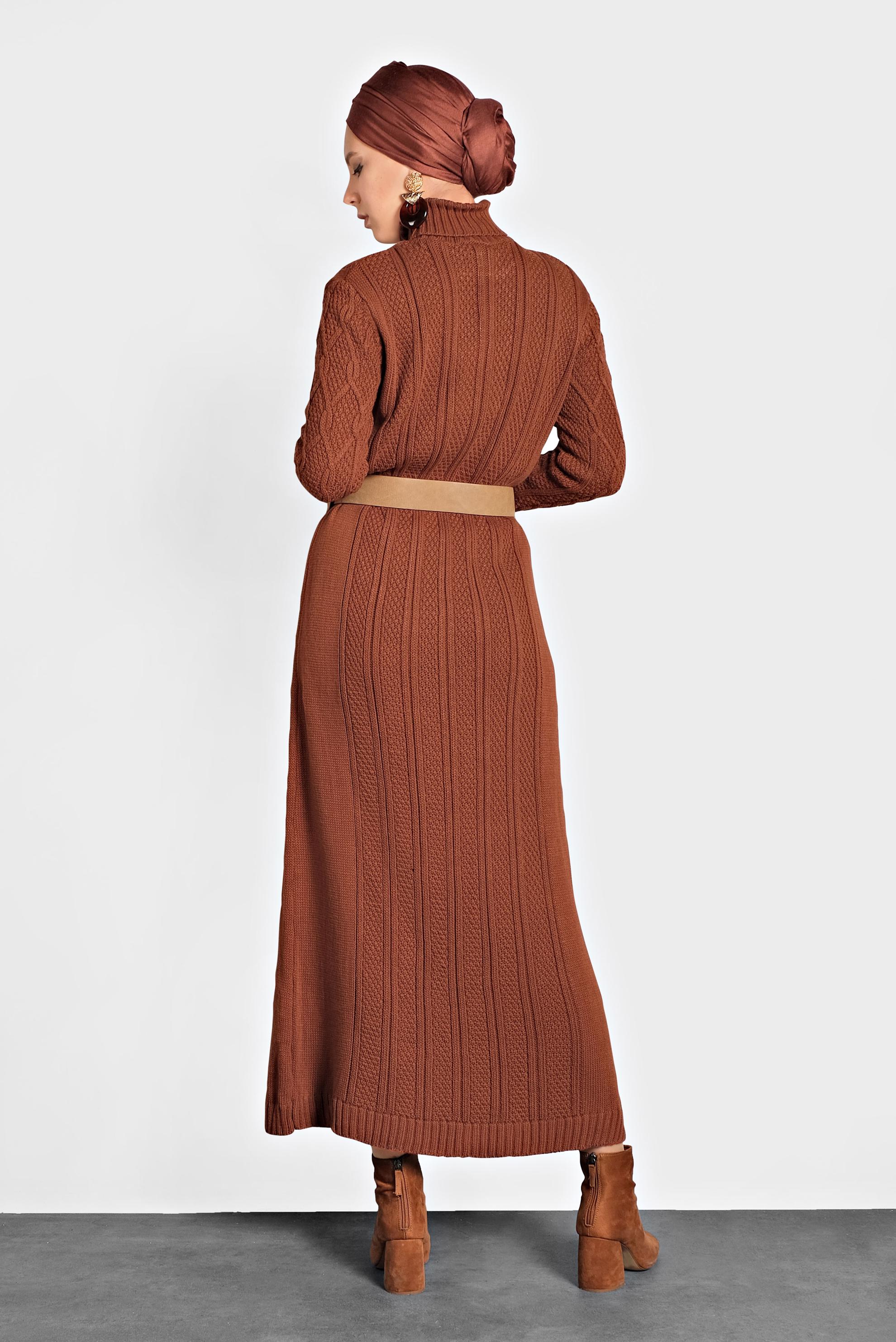 Tesettür giyim TURUNCU BALIKÇI YAKA ÖRGÜ TRİKO ELBİSE 40078 