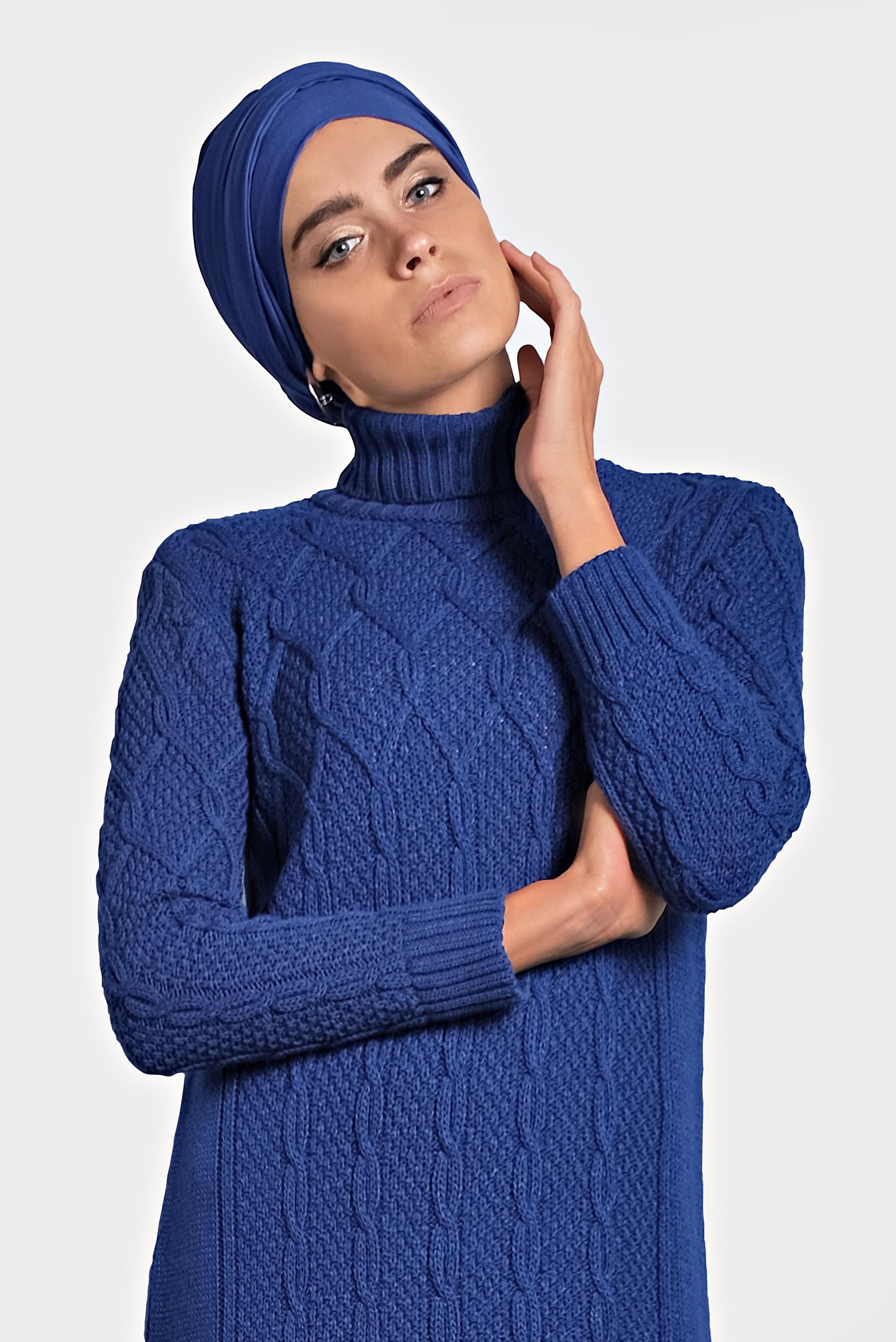 Tesettür giyim LACİVERT BALIKÇI YAKA ÖRGÜ TRİKO ELBİSE 40078 