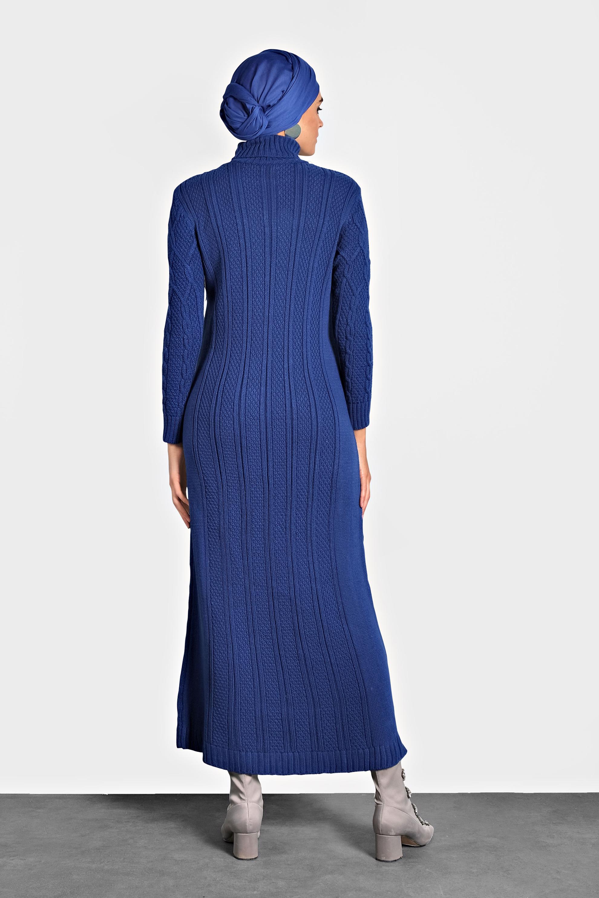 Tesettür giyim LACİVERT BALIKÇI YAKA ÖRGÜ TRİKO ELBİSE 40078 