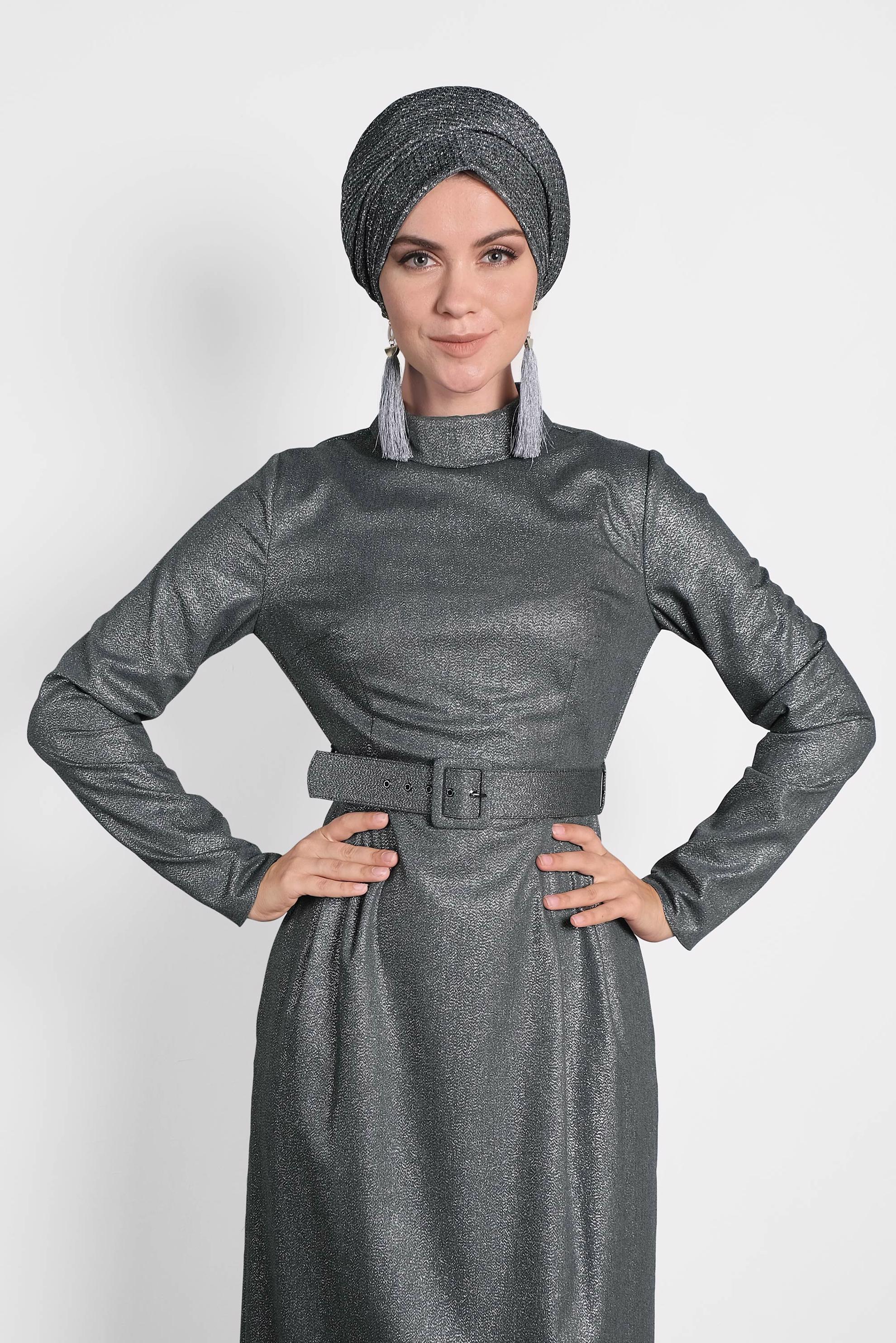 Tesettür giyim HAKİ SİMLİ CEPLİ ELBİSE 40154