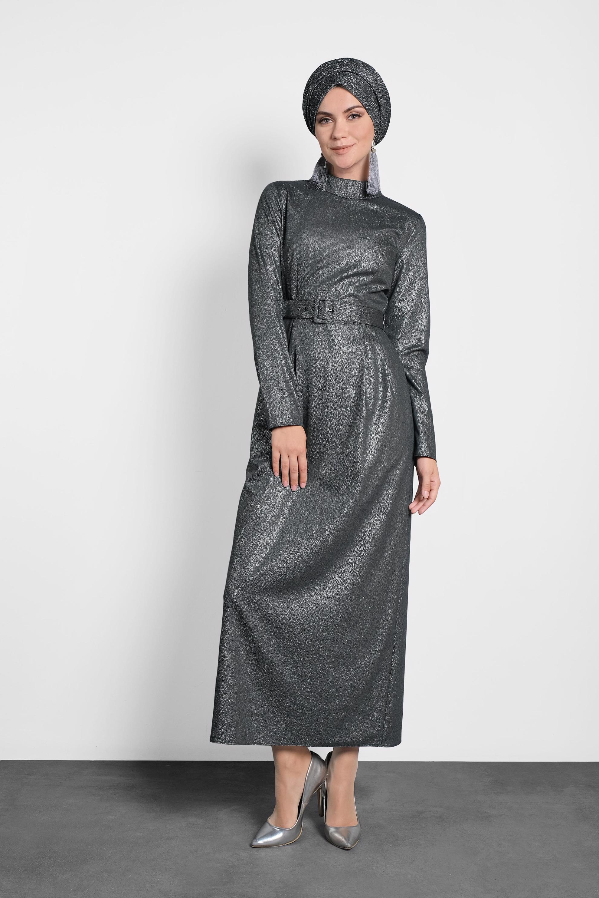 Tesettür giyim HAKİ SİMLİ CEPLİ ELBİSE 40154