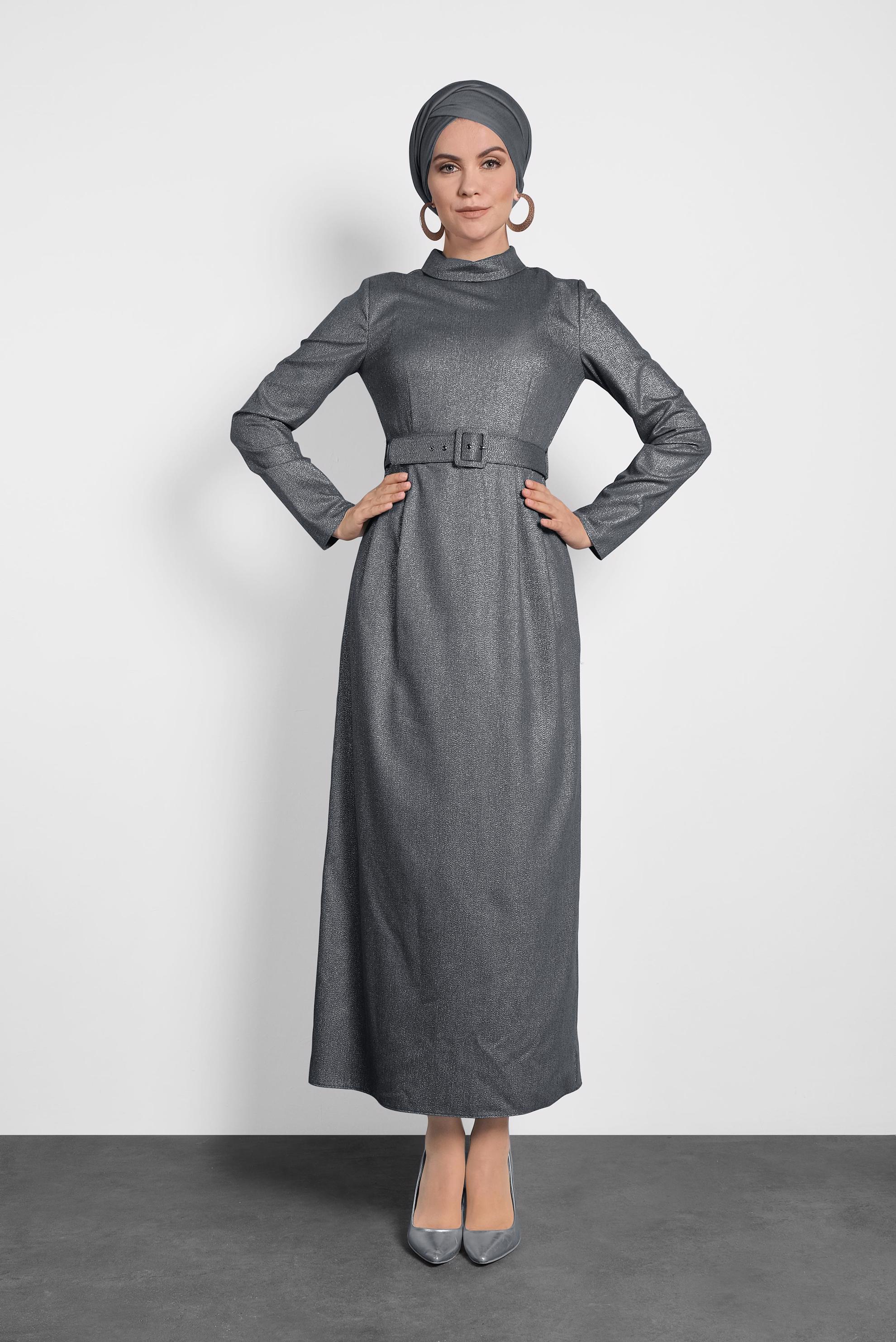 Tesettür giyim GRİ SİMLİ CEPLİ ELBİSE 40154