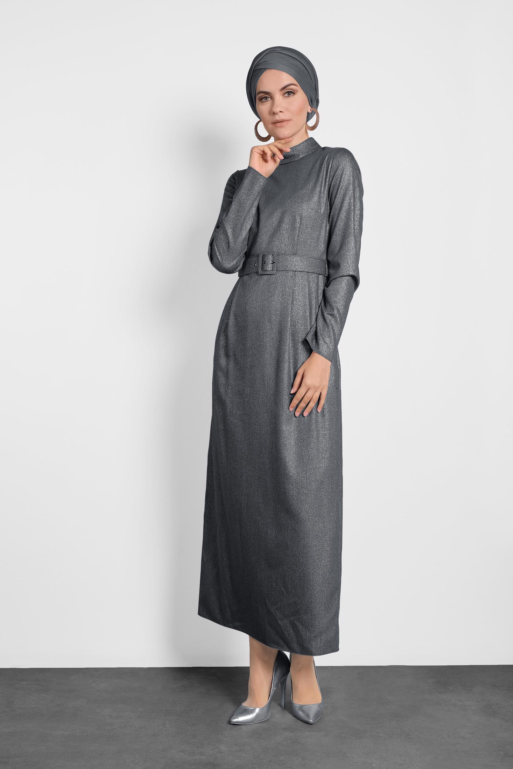 Tesettür giyim GRİ SİMLİ CEPLİ ELBİSE 40154