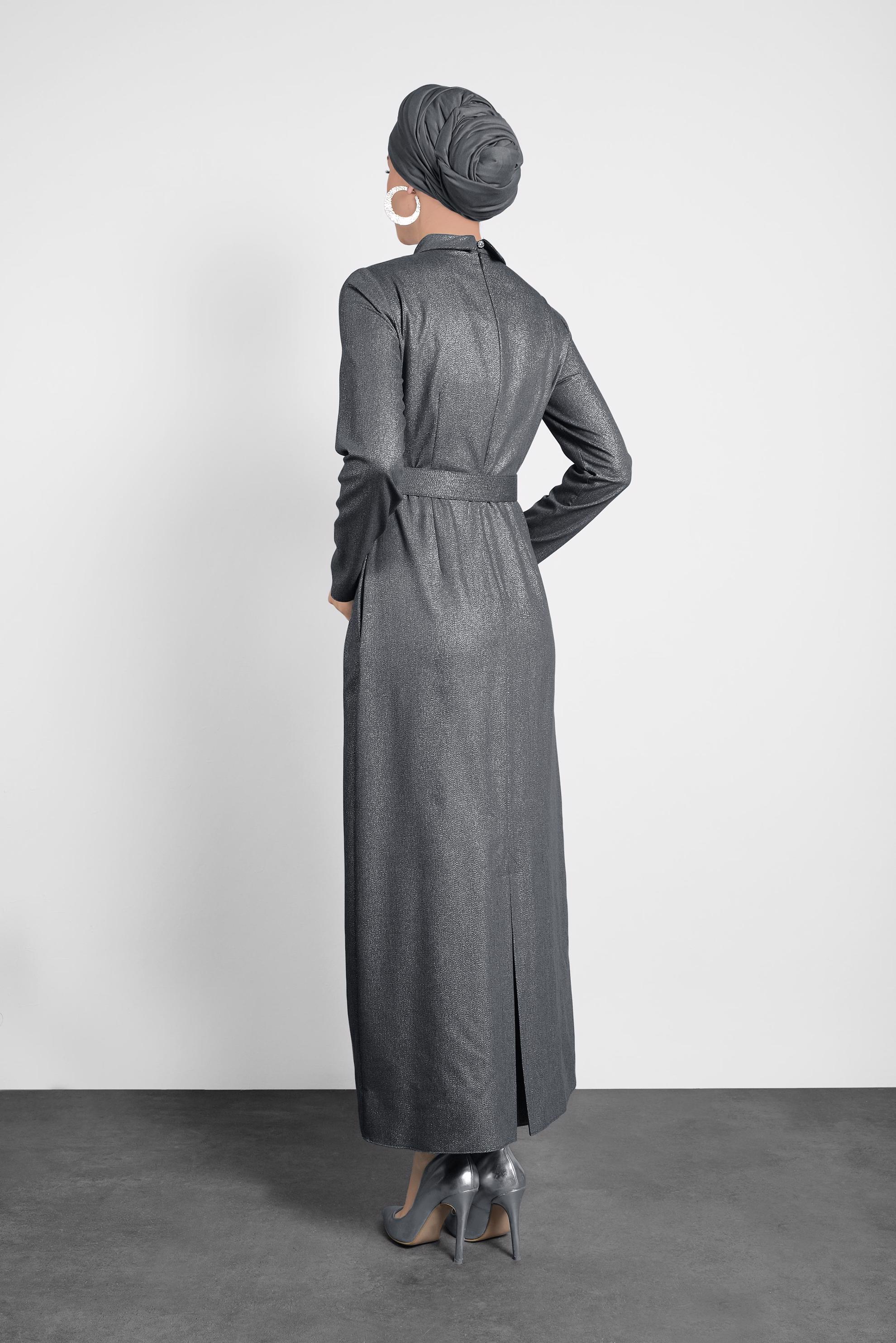 Tesettür giyim GRİ SİMLİ CEPLİ ELBİSE 40154