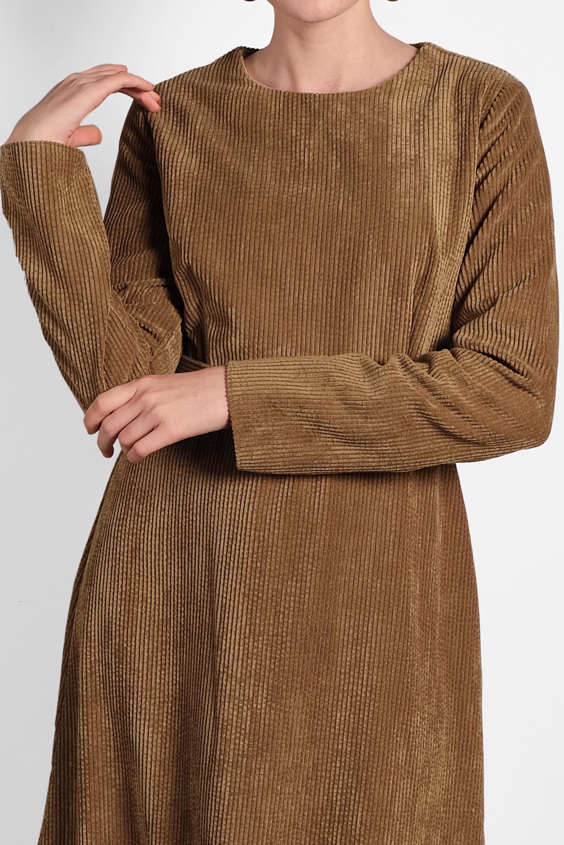 Tesettür giyim TABA FİTİLLİ KADİFE ELBİSE 40174