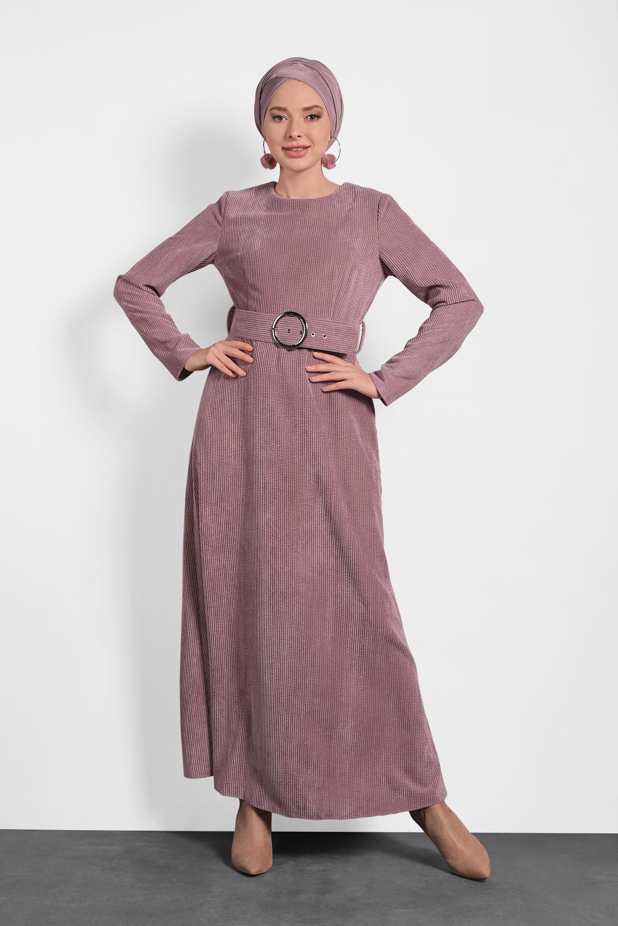 Tesettür giyim PEMBE FİTİLLİ KADİFE ELBİSE 40174