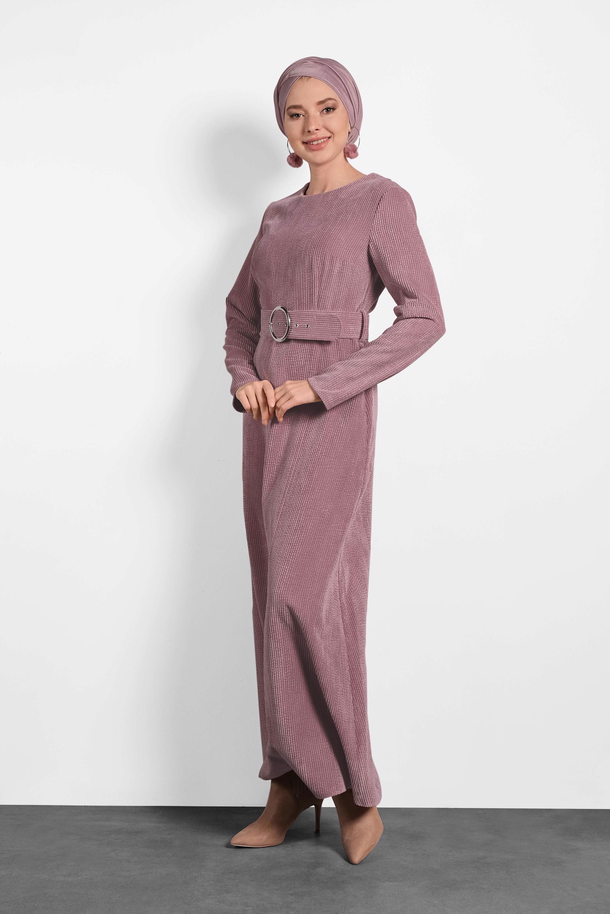 Tesettür giyim PEMBE FİTİLLİ KADİFE ELBİSE 40174