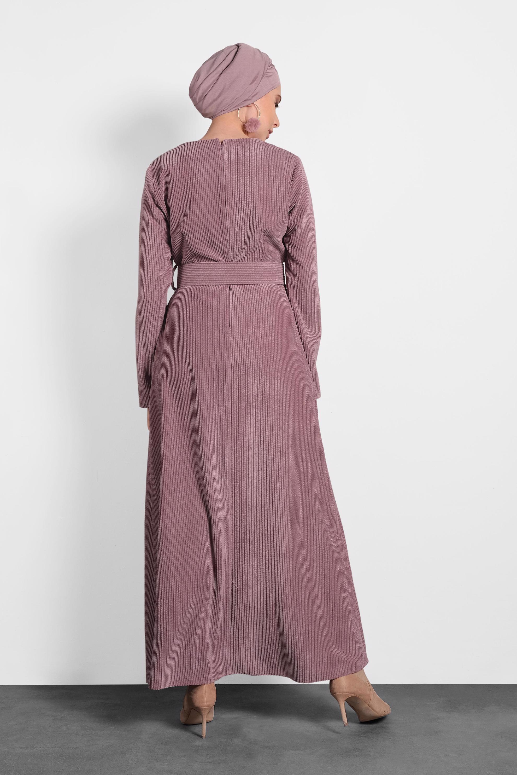 Tesettür giyim PEMBE FİTİLLİ KADİFE ELBİSE 40174