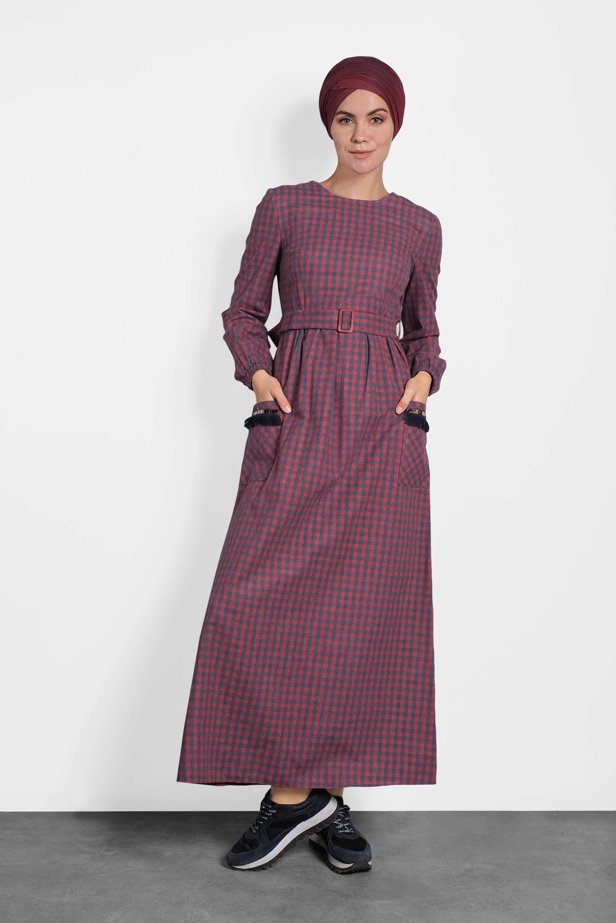 Tesettür giyim LACİVERT PAMUKLU KARE DESENLİ KEMERLİ ELBİSE 40175