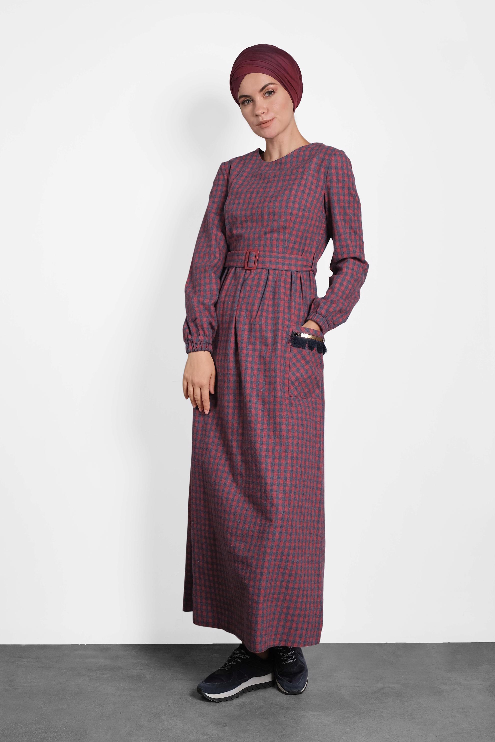 Tesettür giyim LACİVERT PAMUKLU KARE DESENLİ KEMERLİ ELBİSE 40175