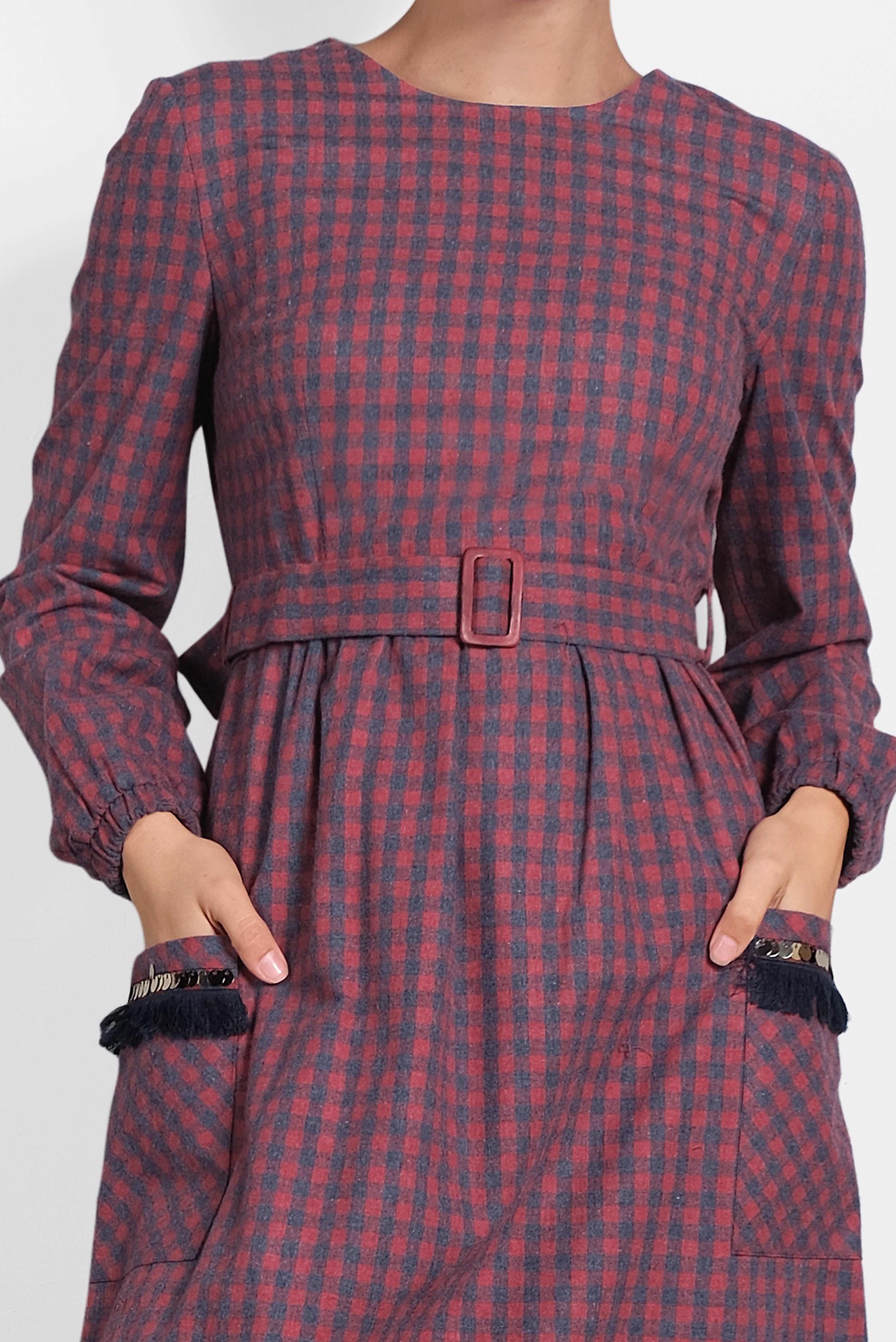 Tesettür giyim LACİVERT PAMUKLU KARE DESENLİ KEMERLİ ELBİSE 40175