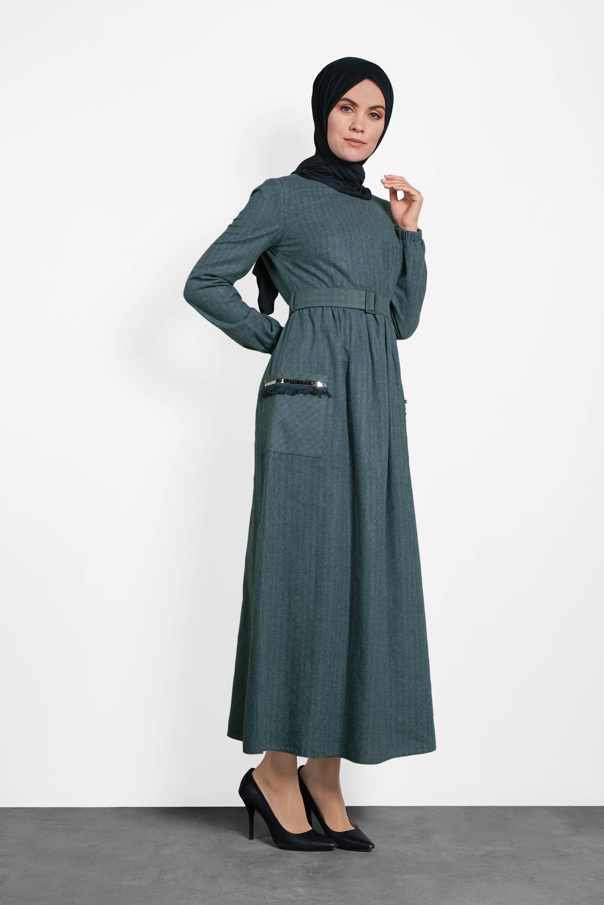 Tesettür giyim LACİVERT PAMUKLU KARE DESENLİ KEMERLİ ELBİSE 40175