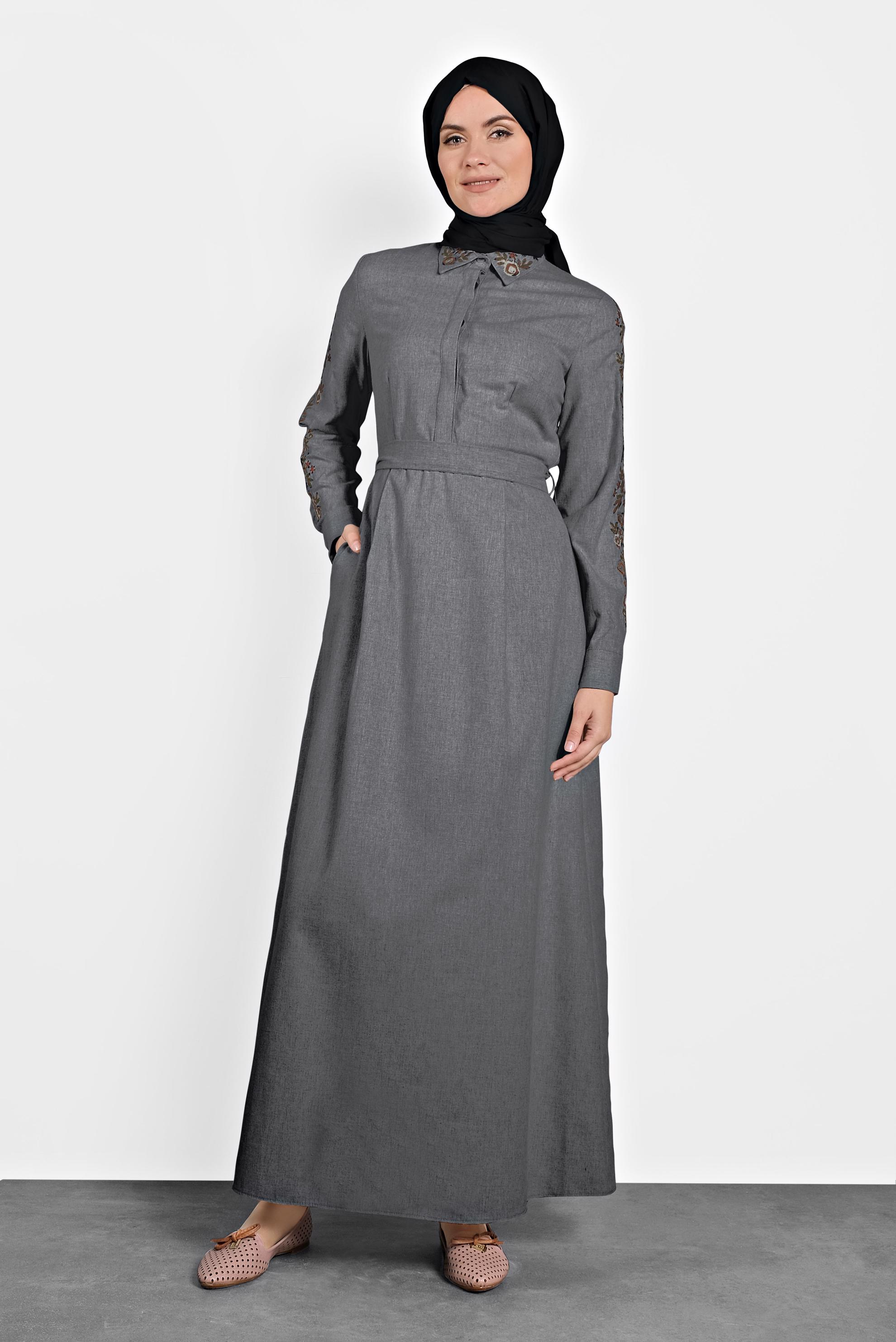 Tesettür giyim GRİ PAMUKLU KUŞAKLI ELBİSE 40191