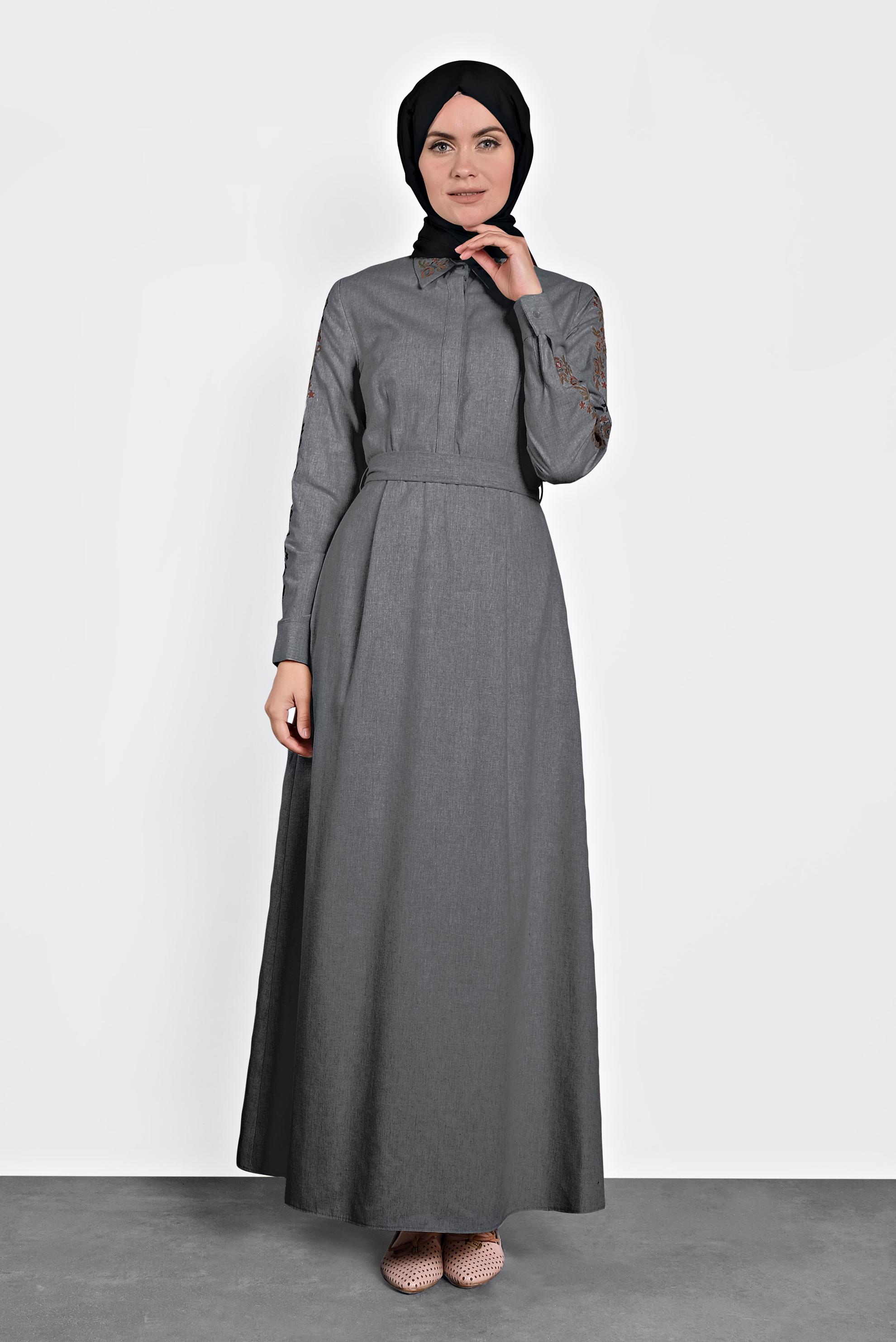 Tesettür giyim GRİ PAMUKLU KUŞAKLI ELBİSE 40191