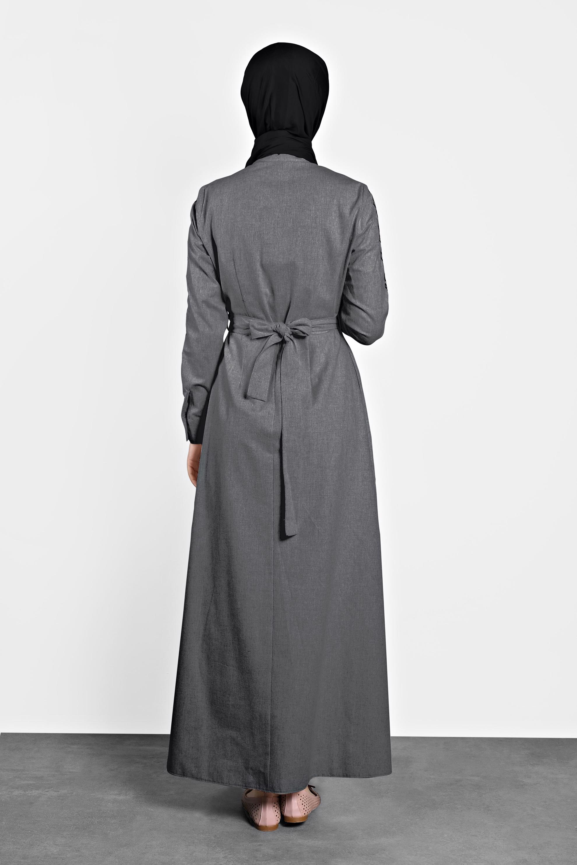 Tesettür giyim GRİ PAMUKLU KUŞAKLI ELBİSE 40191