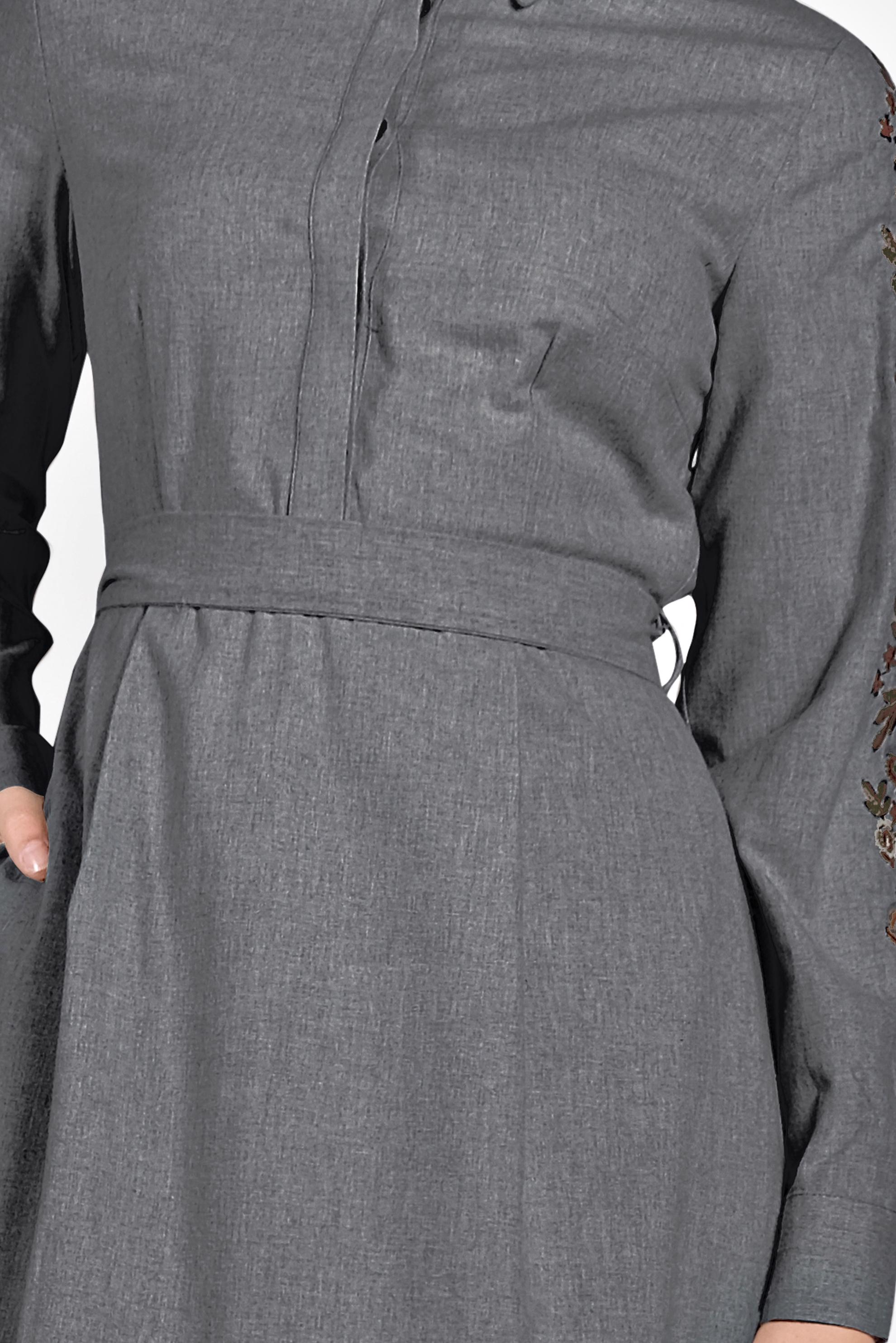 Tesettür giyim GRİ PAMUKLU KUŞAKLI ELBİSE 40191