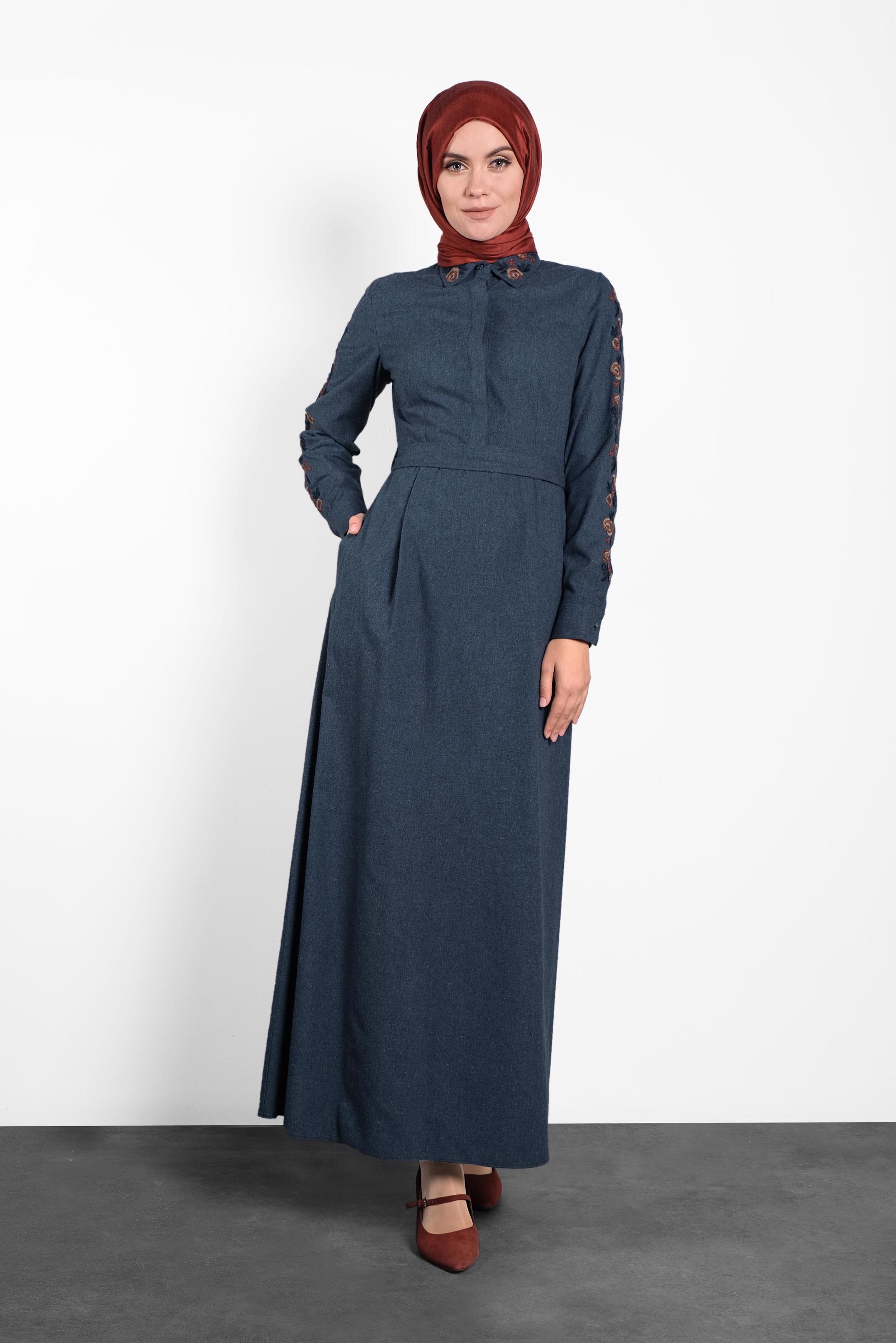 Tesettür giyim LACİVERT PAMUKLU KUŞAKLI ELBİSE 40191