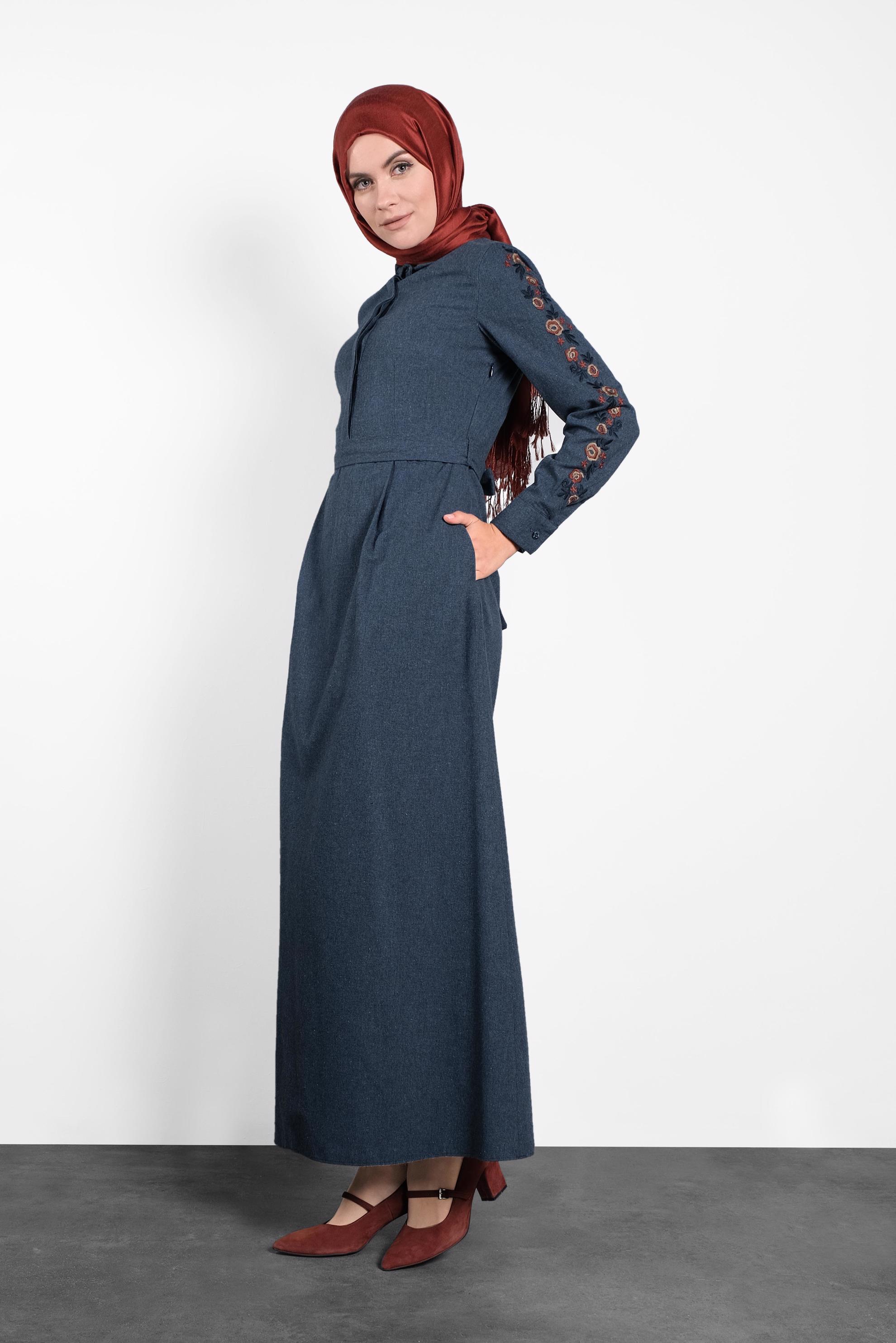 Tesettür giyim LACİVERT PAMUKLU KUŞAKLI ELBİSE 40191