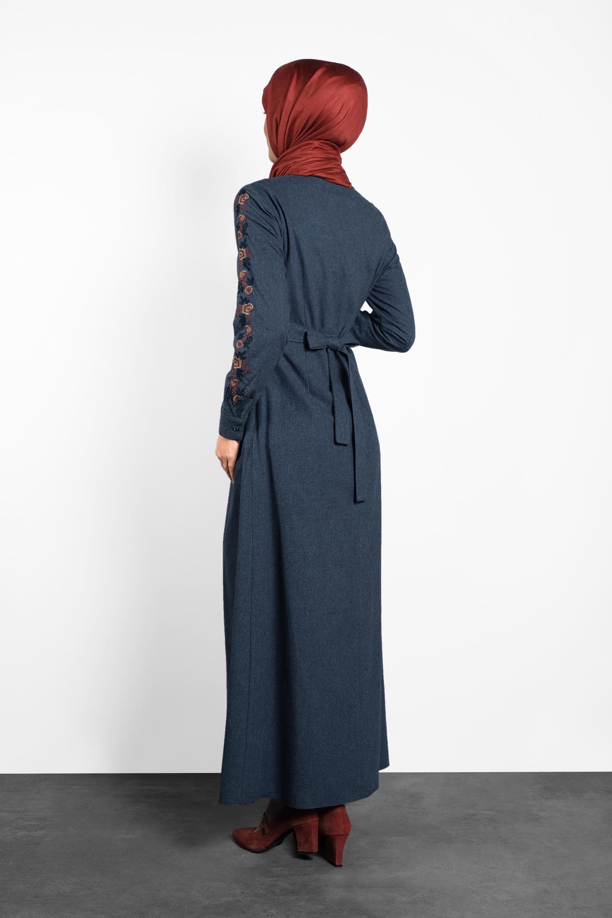 Tesettür giyim LACİVERT PAMUKLU KUŞAKLI ELBİSE 40191