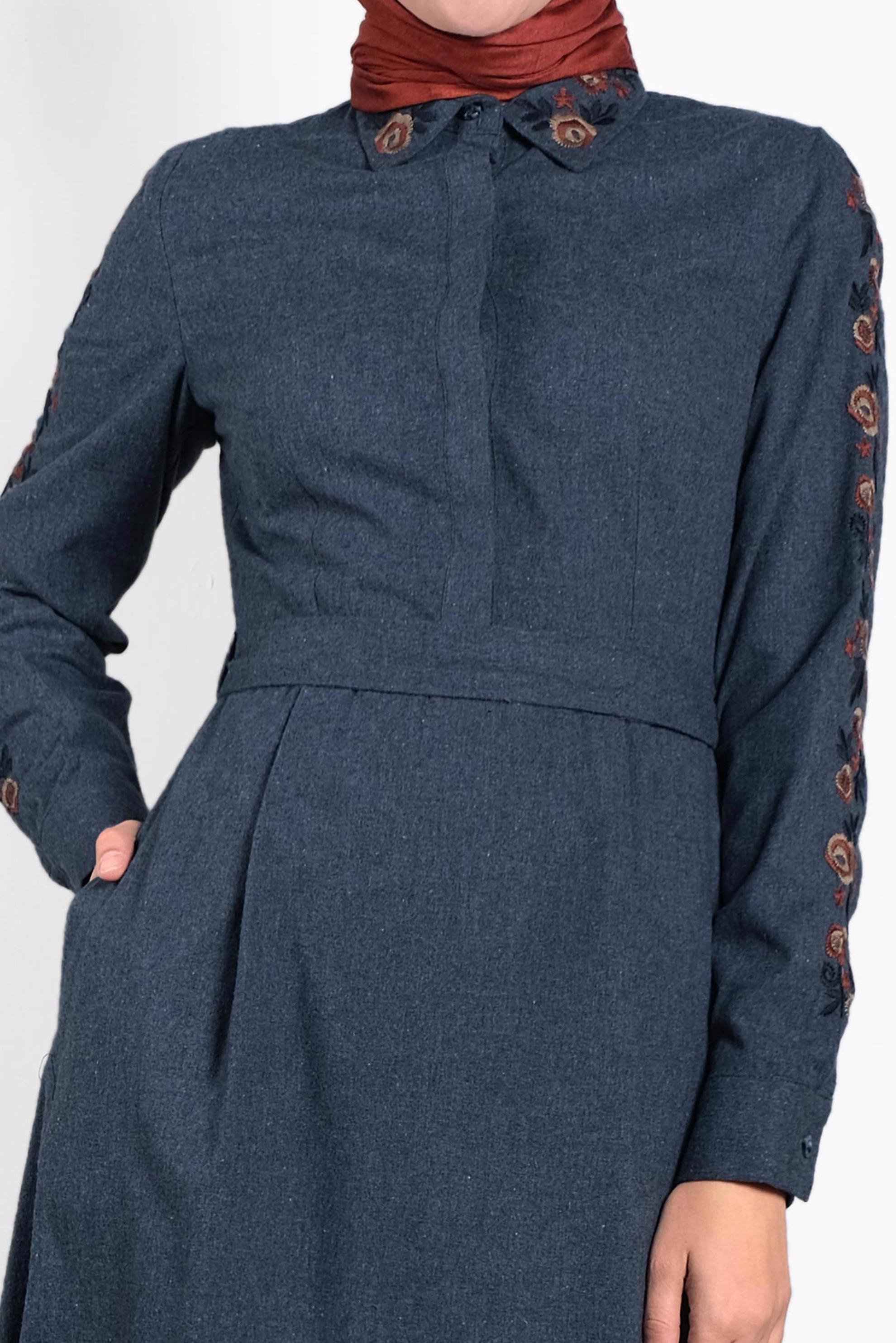 Tesettür giyim LACİVERT PAMUKLU KUŞAKLI ELBİSE 40191