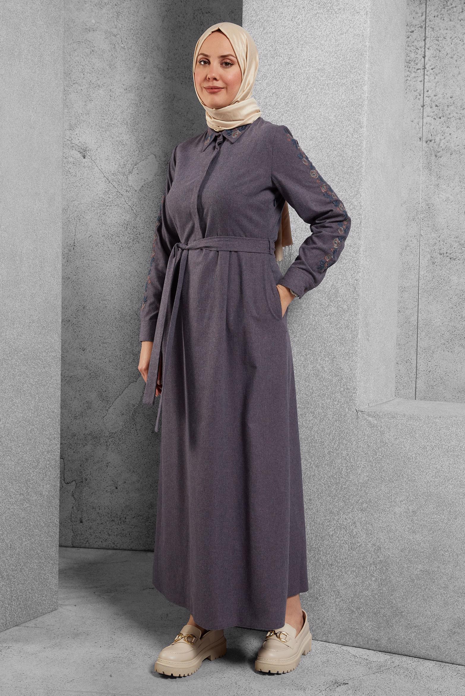 Tesettür giyim LACİVERT PAMUKLU KUŞAKLI ELBİSE 40191