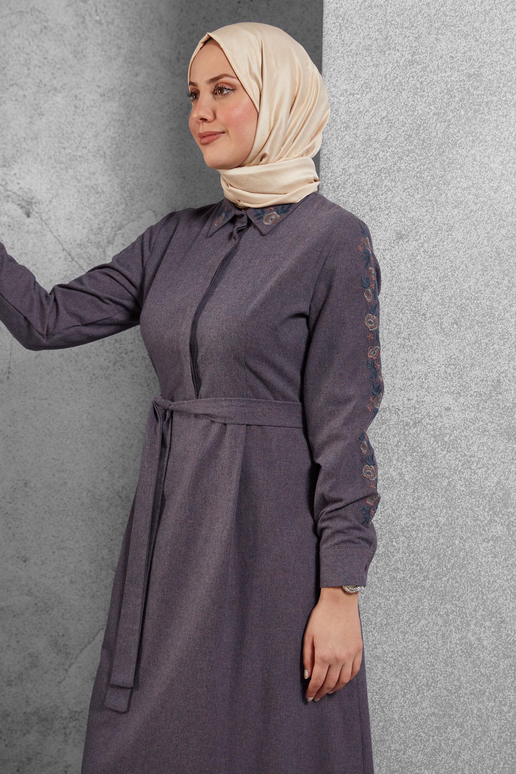 Tesettür giyim LACİVERT PAMUKLU KUŞAKLI ELBİSE 40191