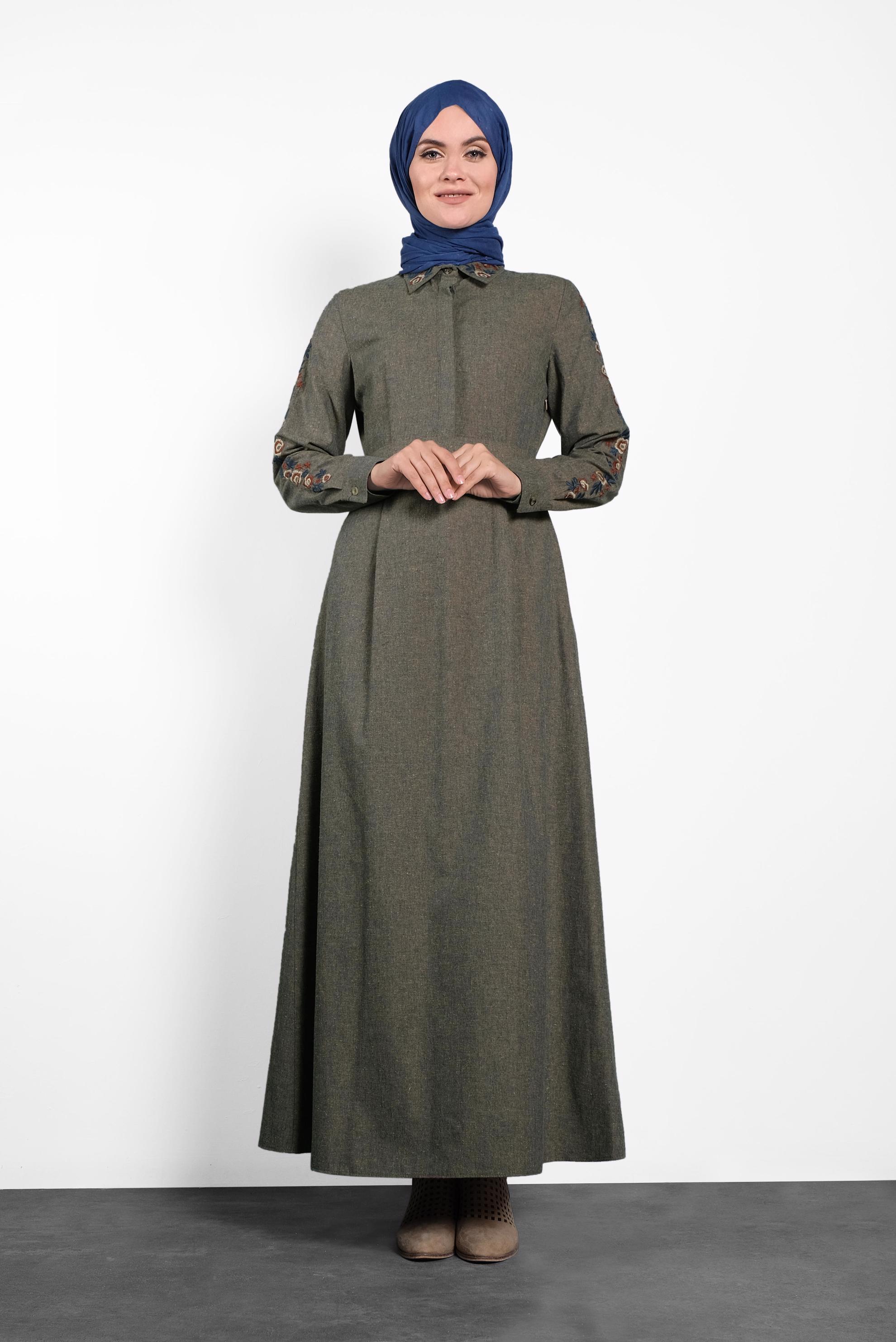 Tesettür giyim LACİVERT PAMUKLU KUŞAKLI ELBİSE 40191