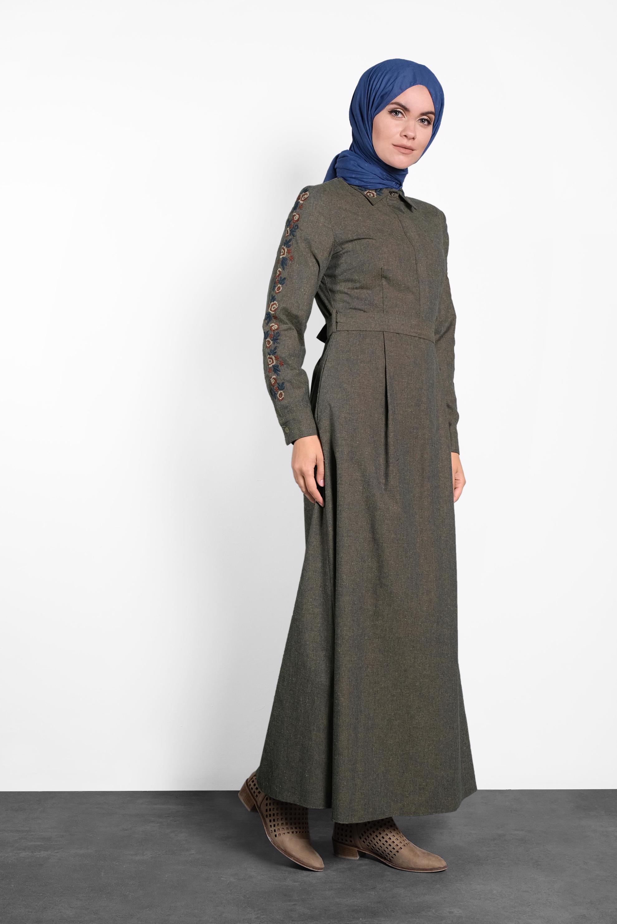 Tesettür giyim LACİVERT PAMUKLU KUŞAKLI ELBİSE 40191