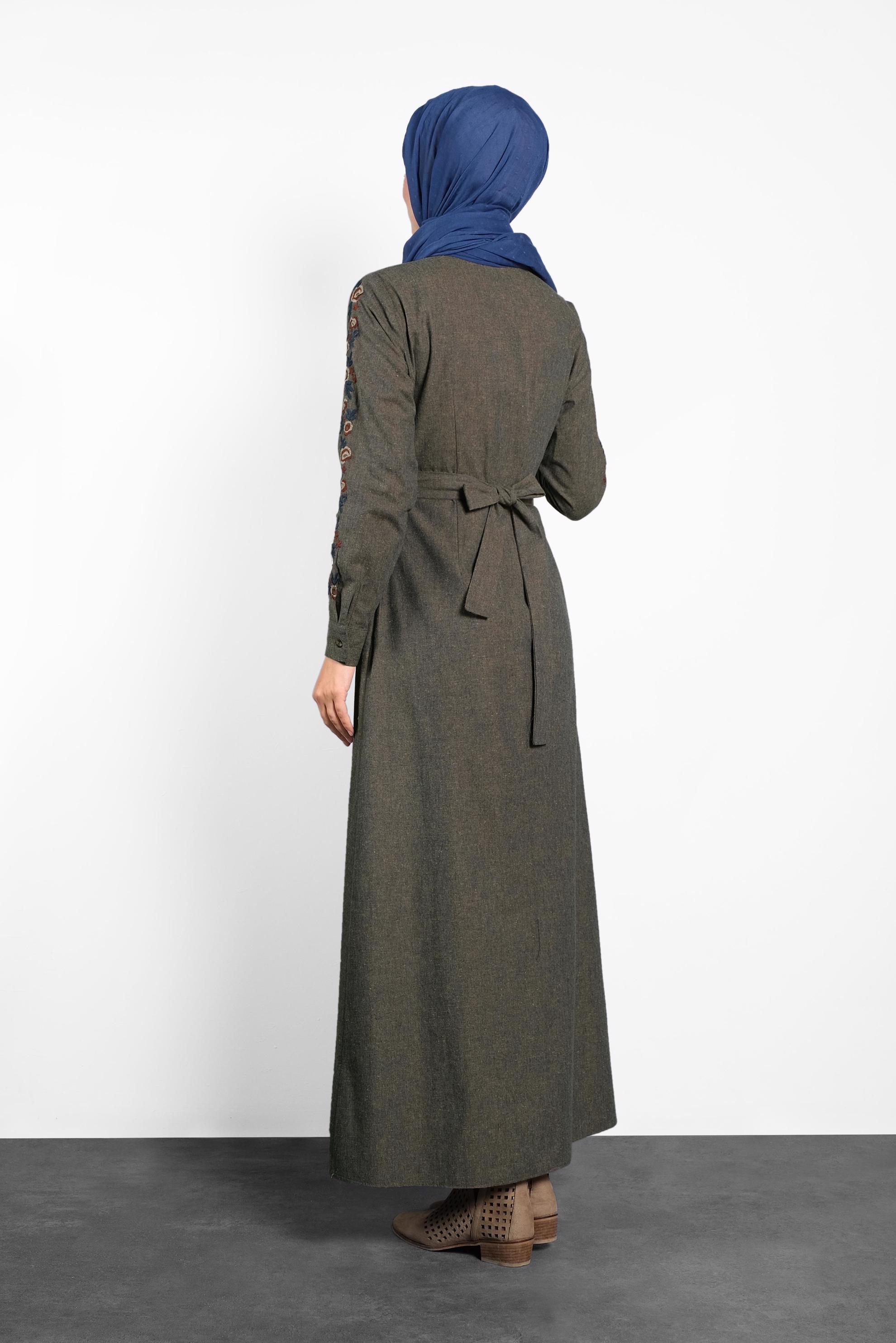 Tesettür giyim LACİVERT PAMUKLU KUŞAKLI ELBİSE 40191