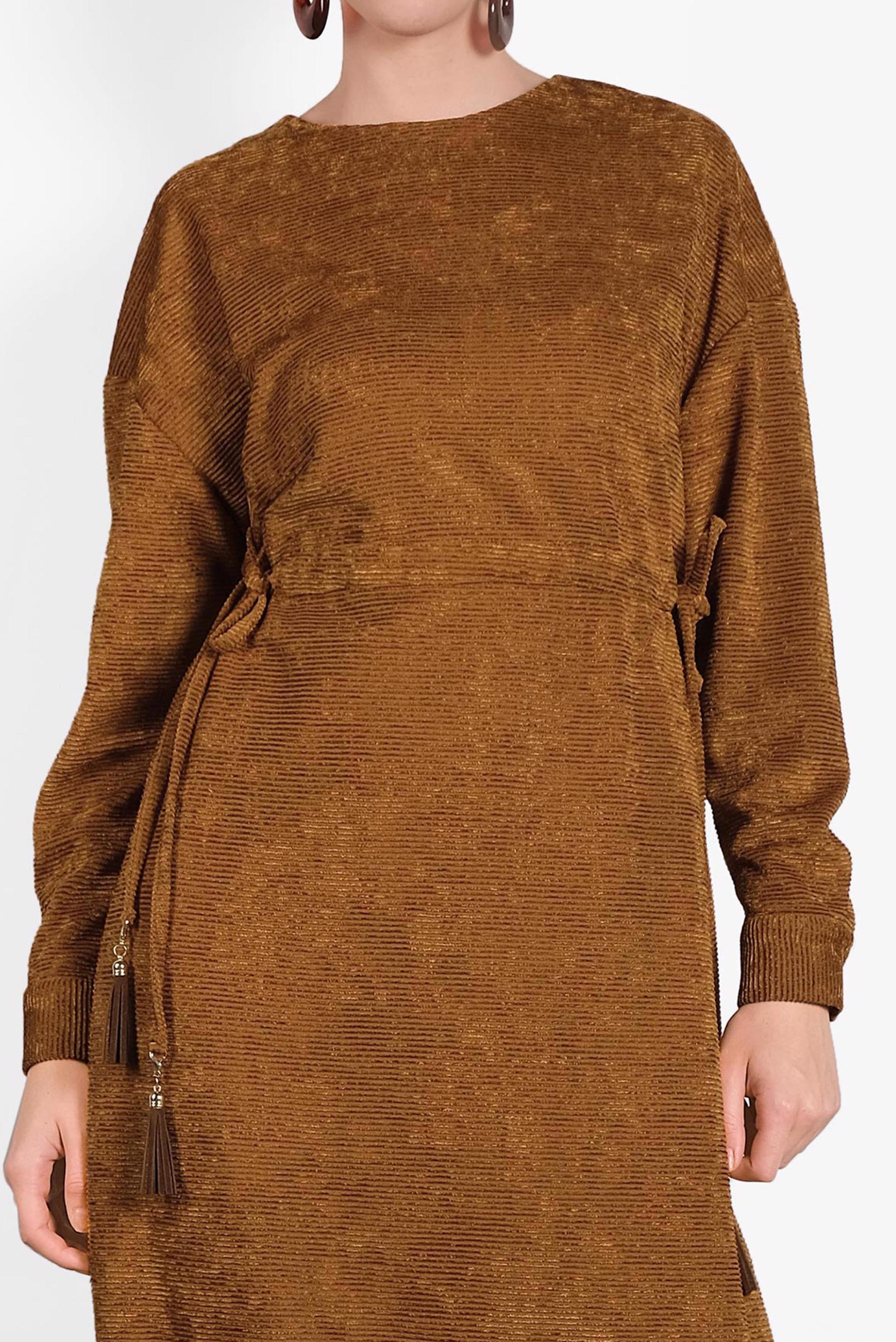 Tesettür giyim TABA BELİ BÜZGÜLÜ FİTİLLİ KADİFE ELBİSE 40297