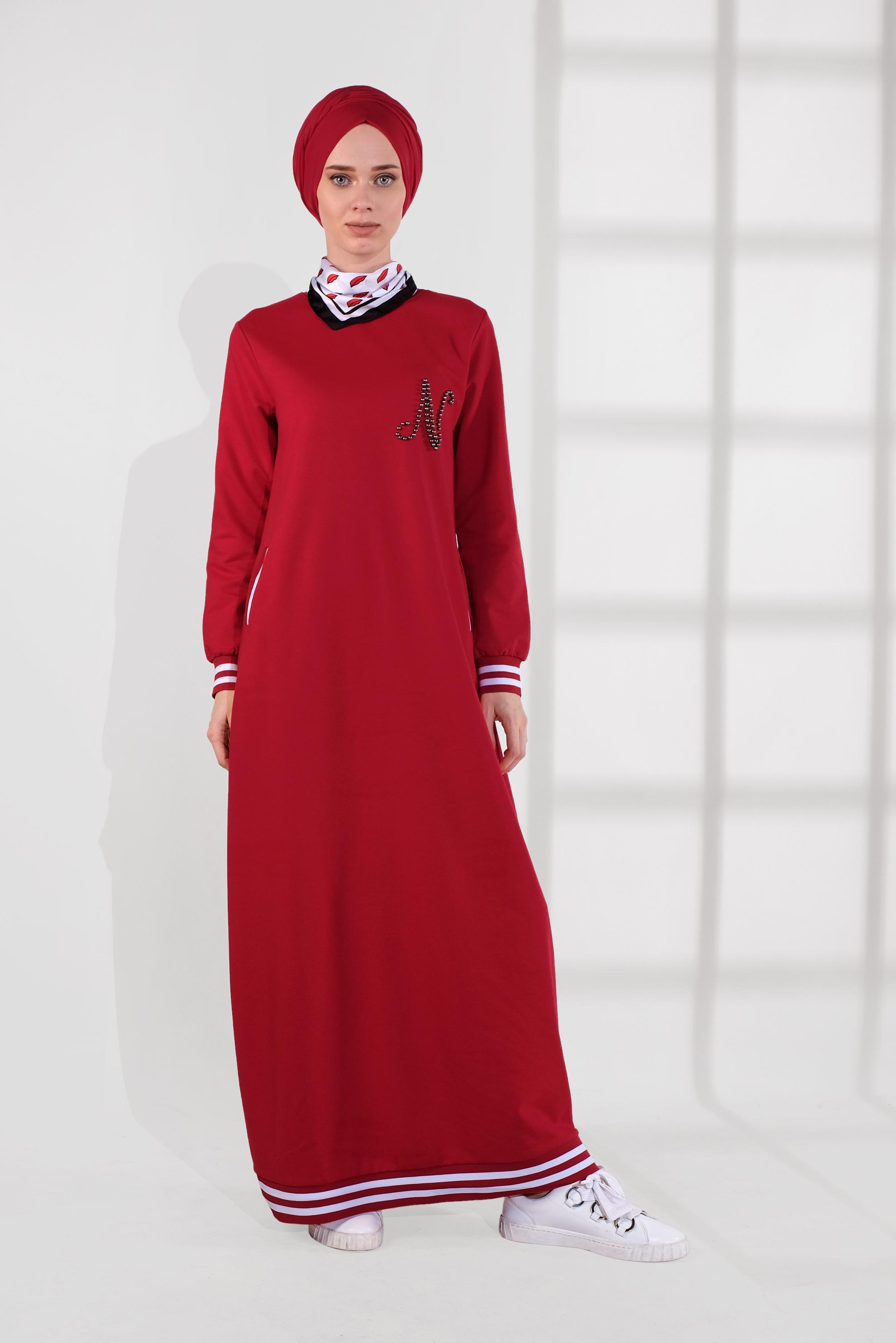Tesettür giyim KIRMIZI BONCUKLU EŞOFMAN ELBİSE 4034