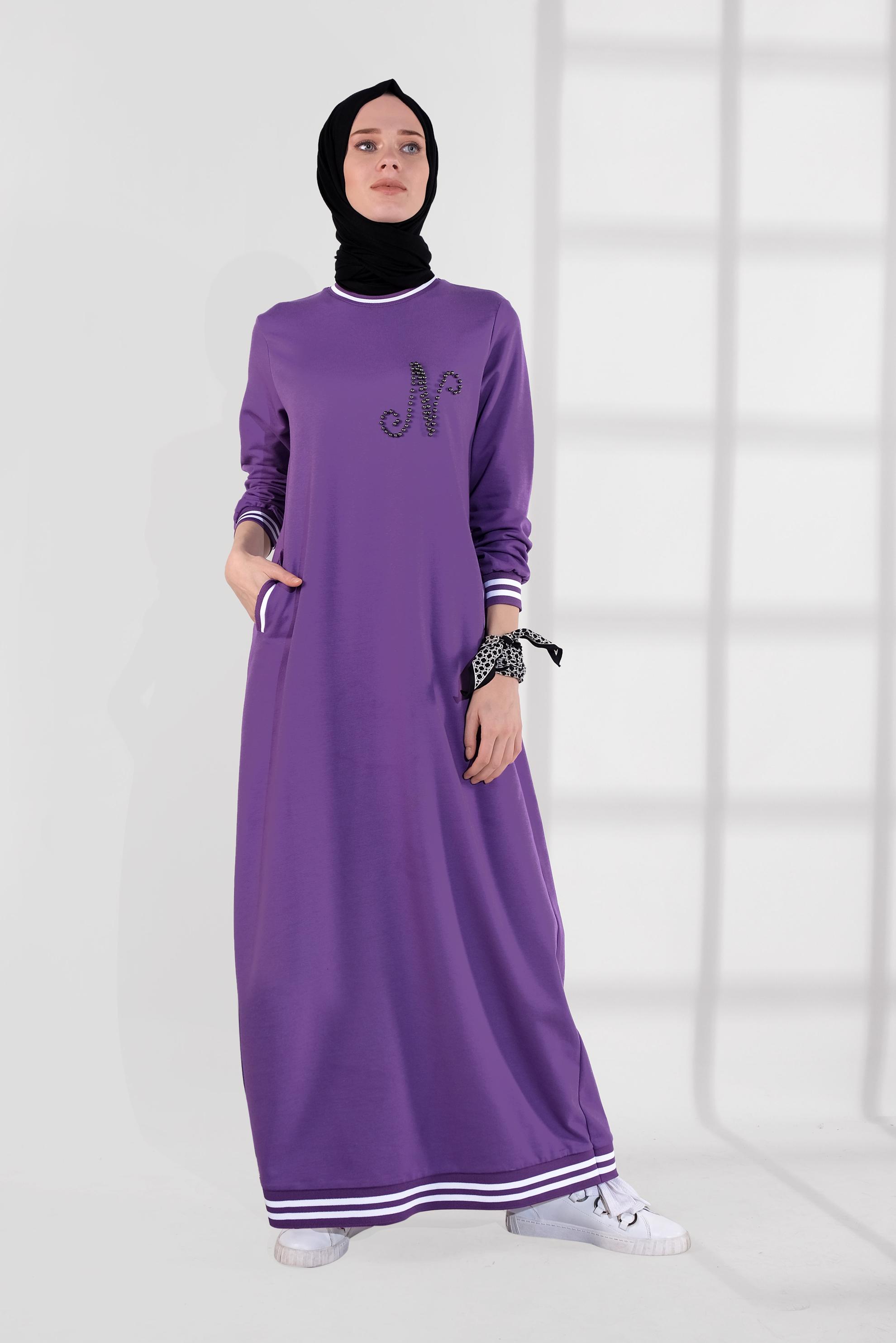 Tesettür giyim MOR BONCUKLU EŞOFMAN ELBİSE 4034