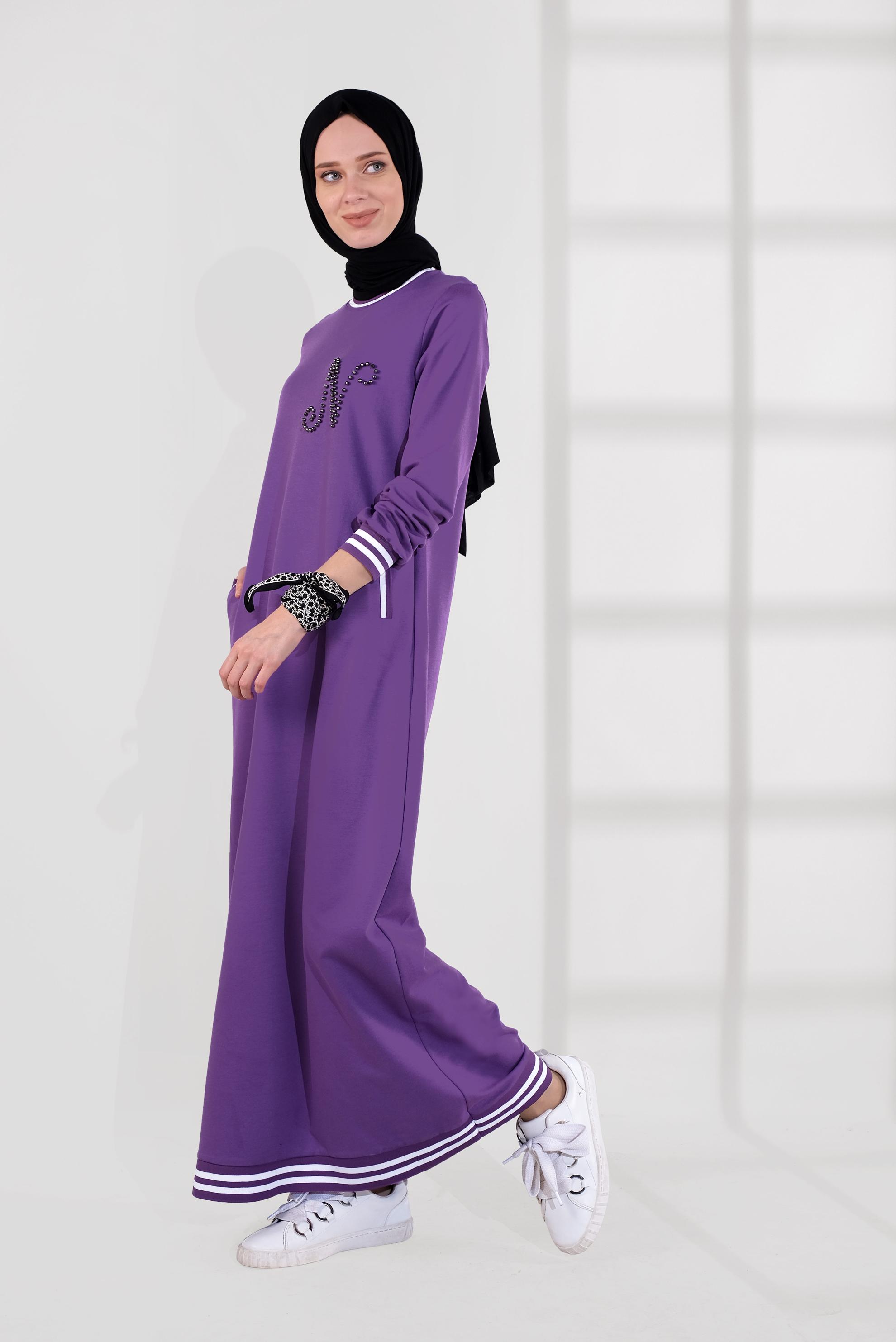 Tesettür giyim MOR BONCUKLU EŞOFMAN ELBİSE 4034