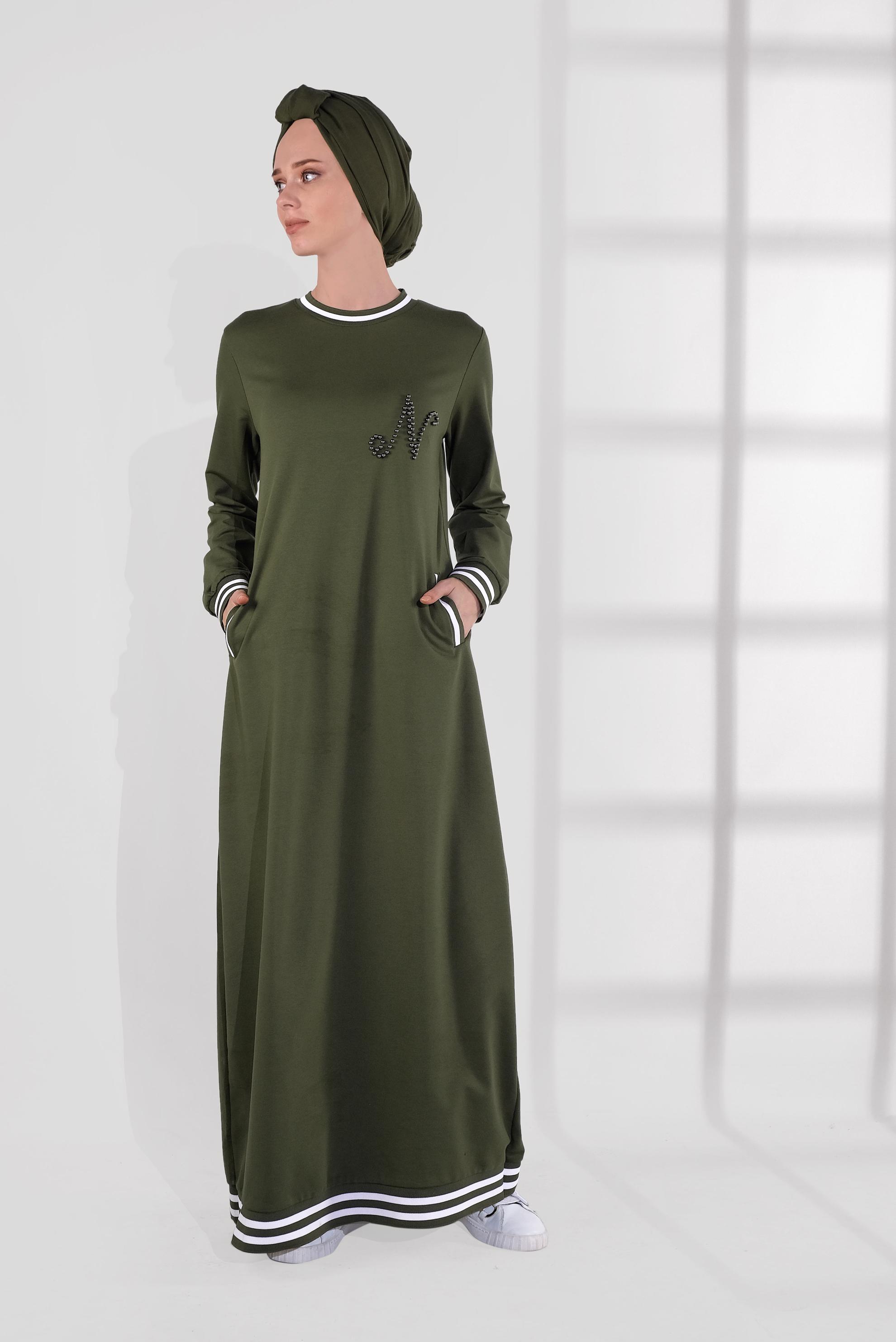 Tesettür giyim HAKİ BONCUKLU EŞOFMAN ELBİSE 4034