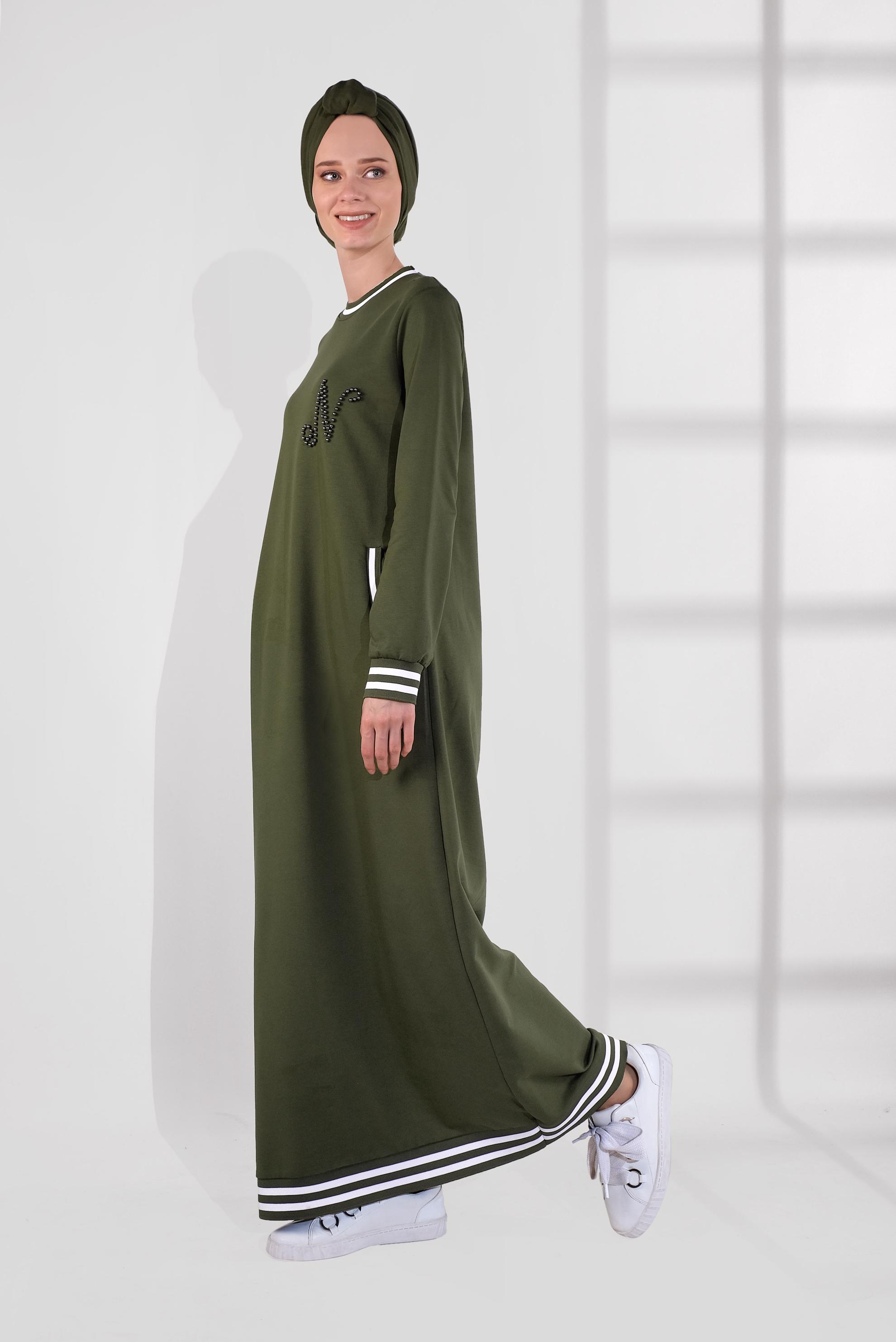 Tesettür giyim HAKİ BONCUKLU EŞOFMAN ELBİSE 4034