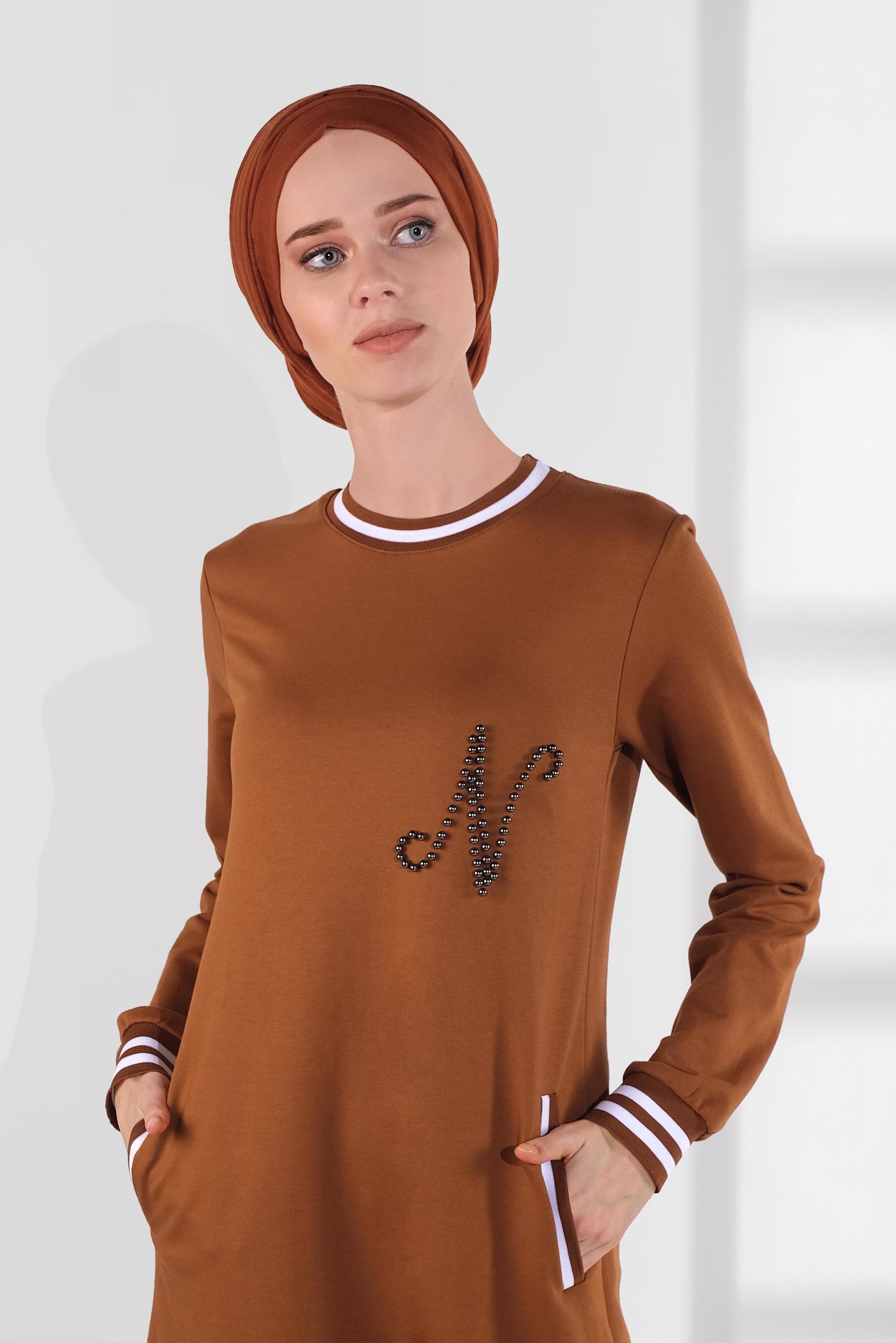 Tesettür giyim TABA BONCUKLU EŞOFMAN ELBİSE 4034