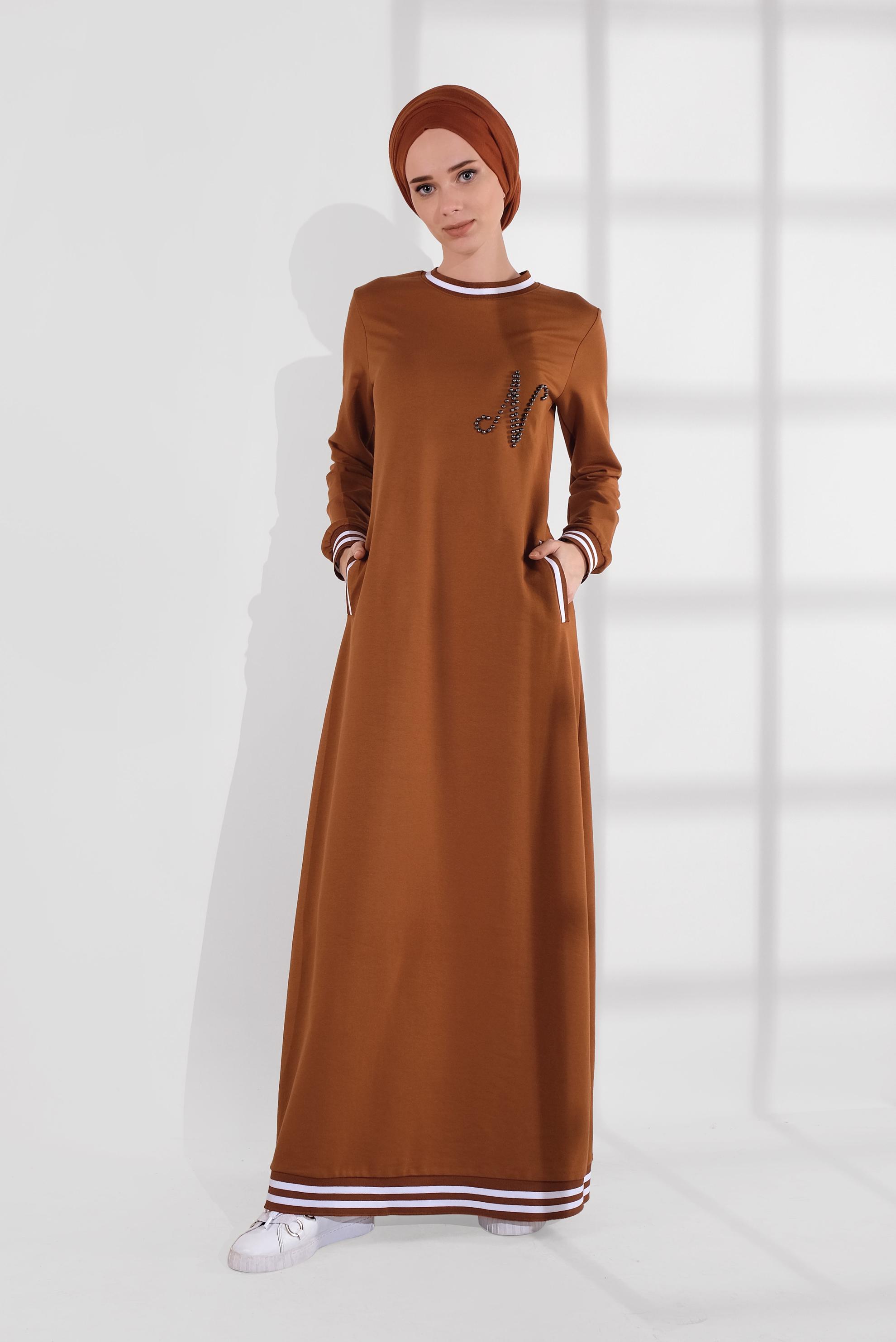 Tesettür giyim TABA BONCUKLU EŞOFMAN ELBİSE 4034