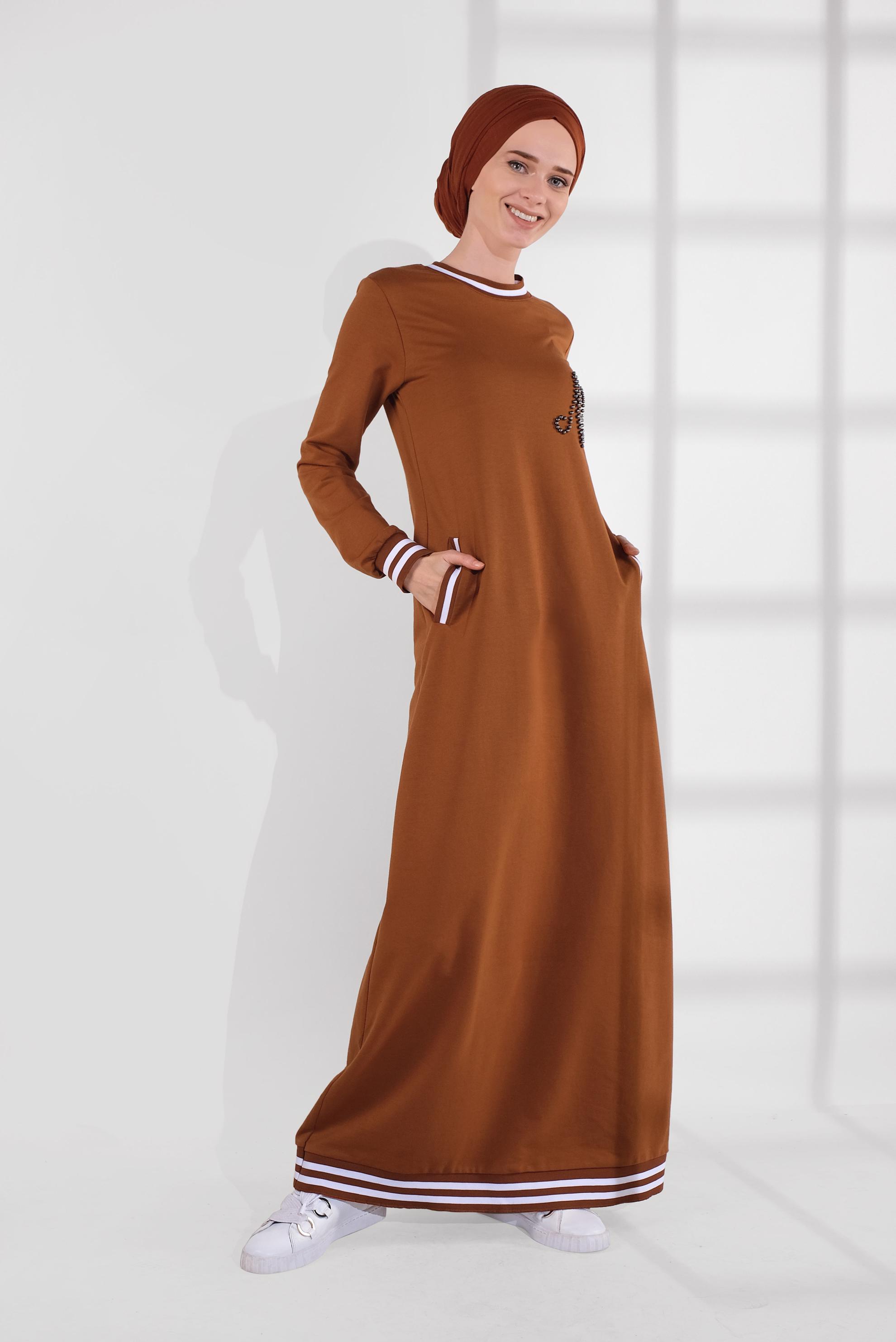 Tesettür giyim TABA BONCUKLU EŞOFMAN ELBİSE 4034