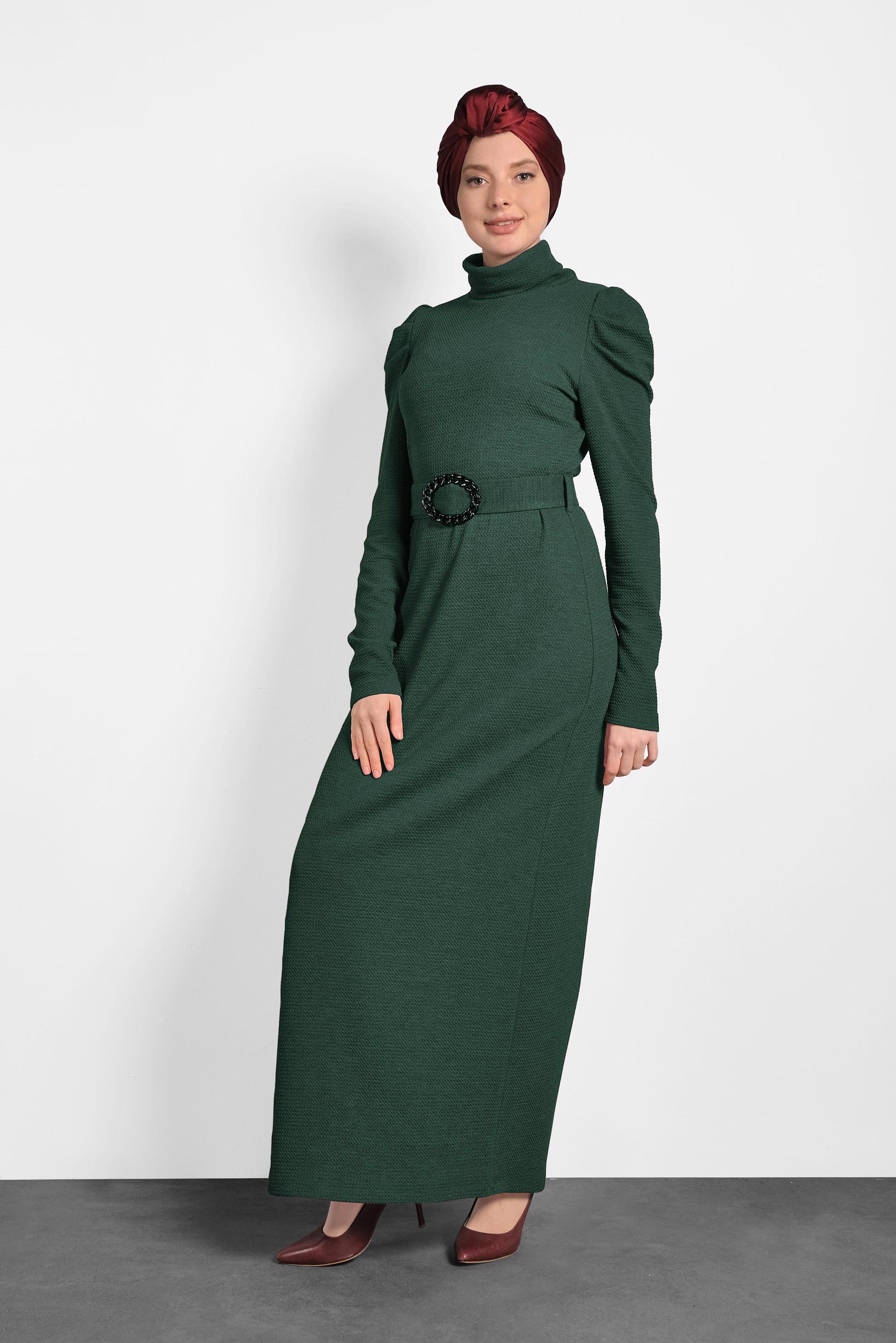 Tesettür giyim YEŞİL OMUZ KISMI BÜZGÜLÜ BOĞAZLI ELBİSE 40362