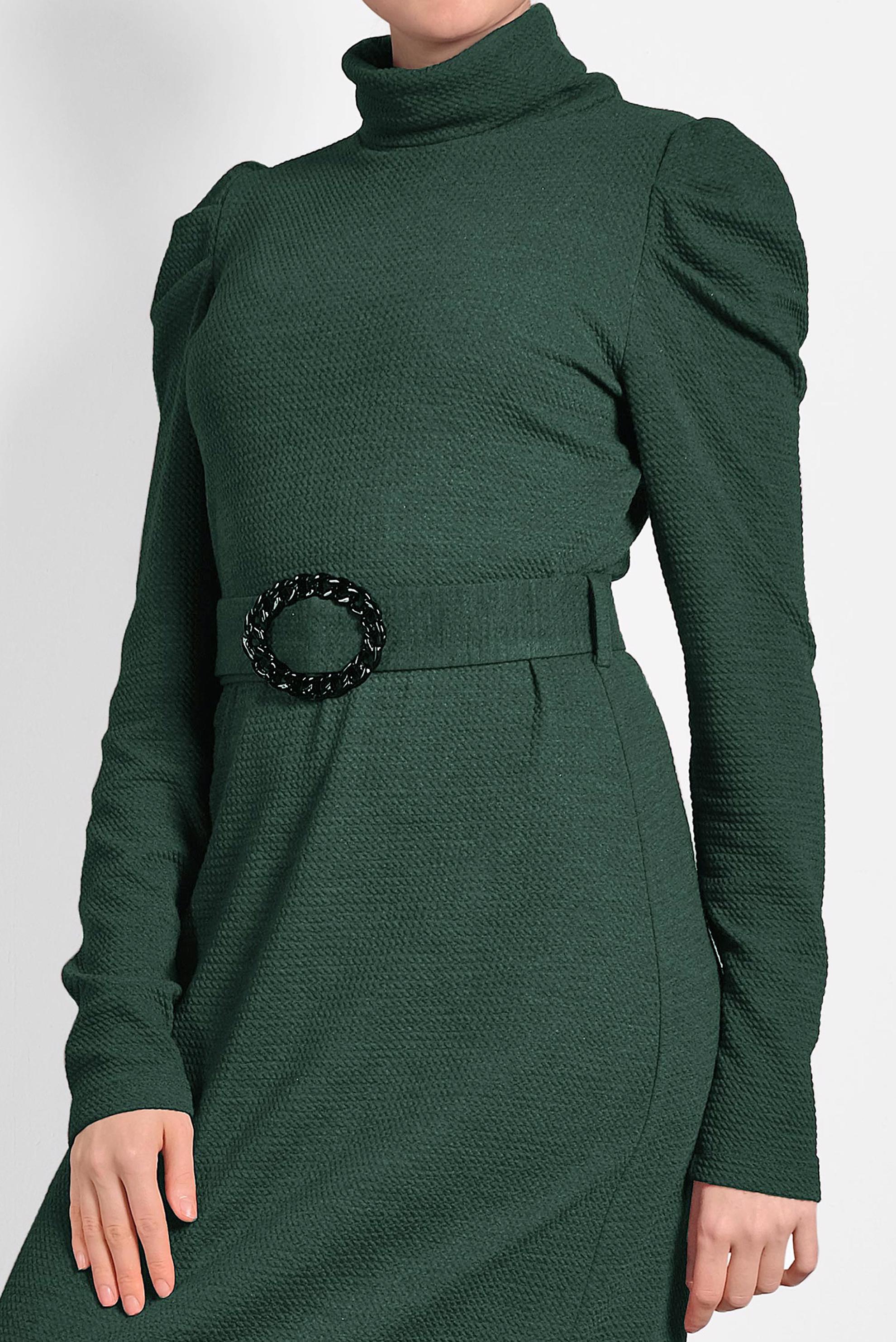 Tesettür giyim YEŞİL OMUZ KISMI BÜZGÜLÜ BOĞAZLI ELBİSE 40362