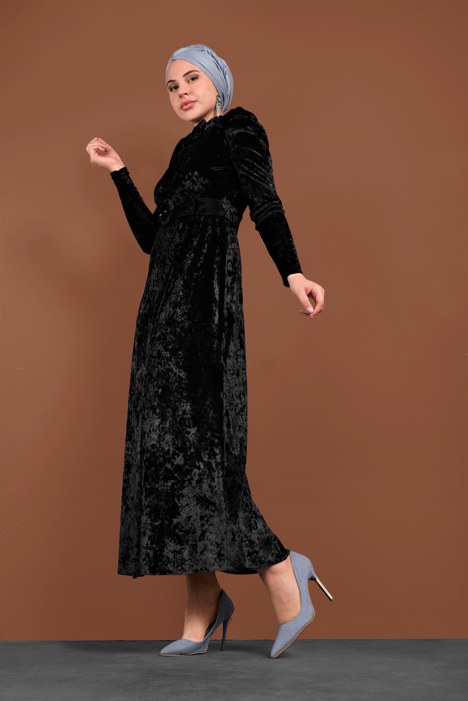 Tesettür giyim SİYAH YAKASI BAĞCIKLI KADİFE ELBİSE 40380