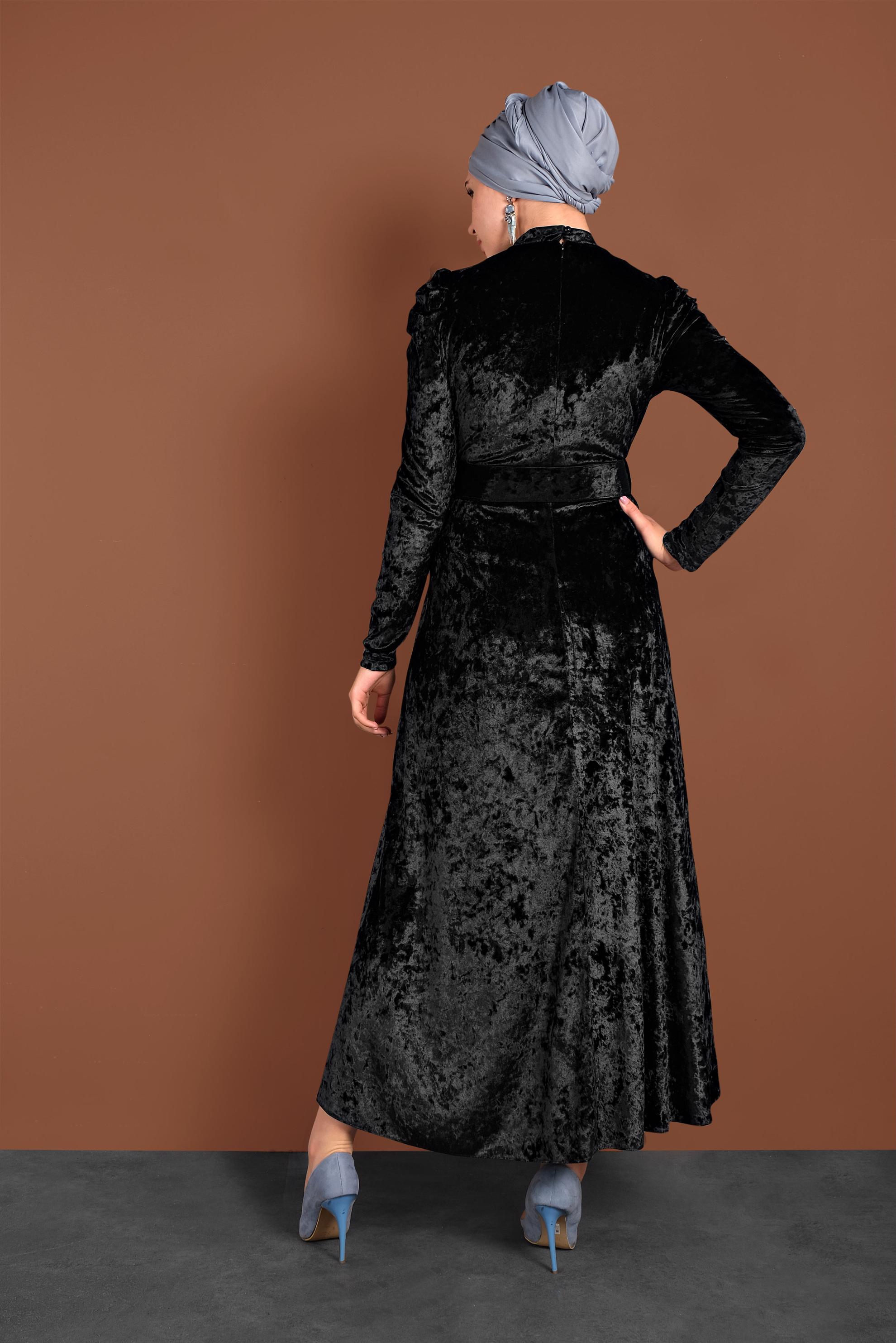 Tesettür giyim SİYAH YAKASI BAĞCIKLI KADİFE ELBİSE 40380