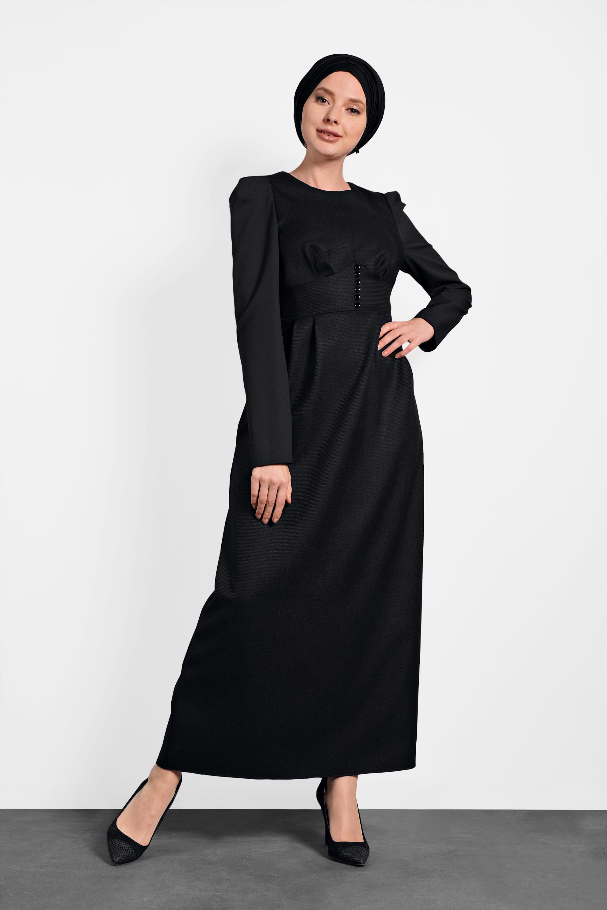 Tesettür giyim SİYAH ARKADAN FERMUARLI ELBİSE 40381