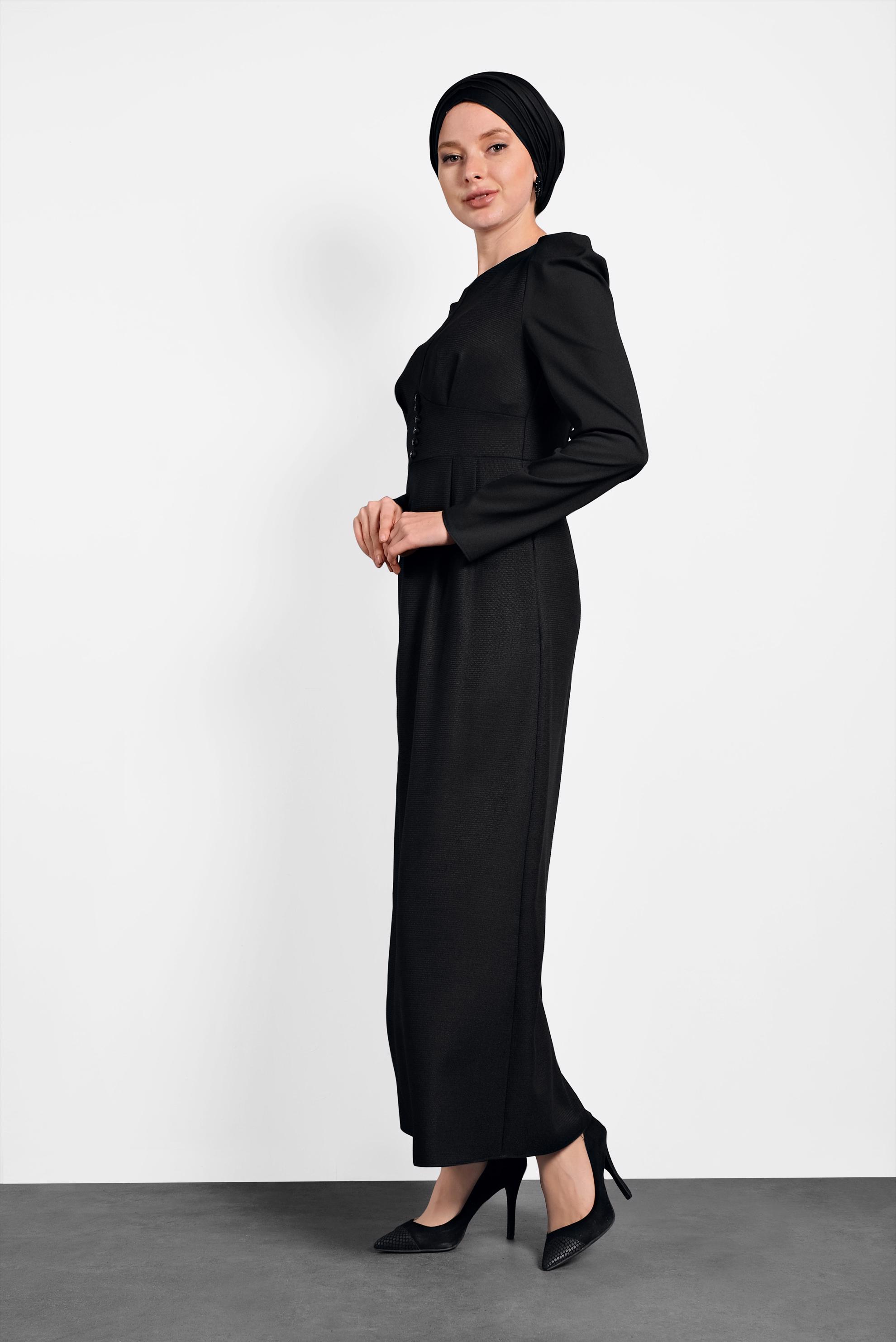 Tesettür giyim SİYAH ARKADAN FERMUARLI ELBİSE 40381