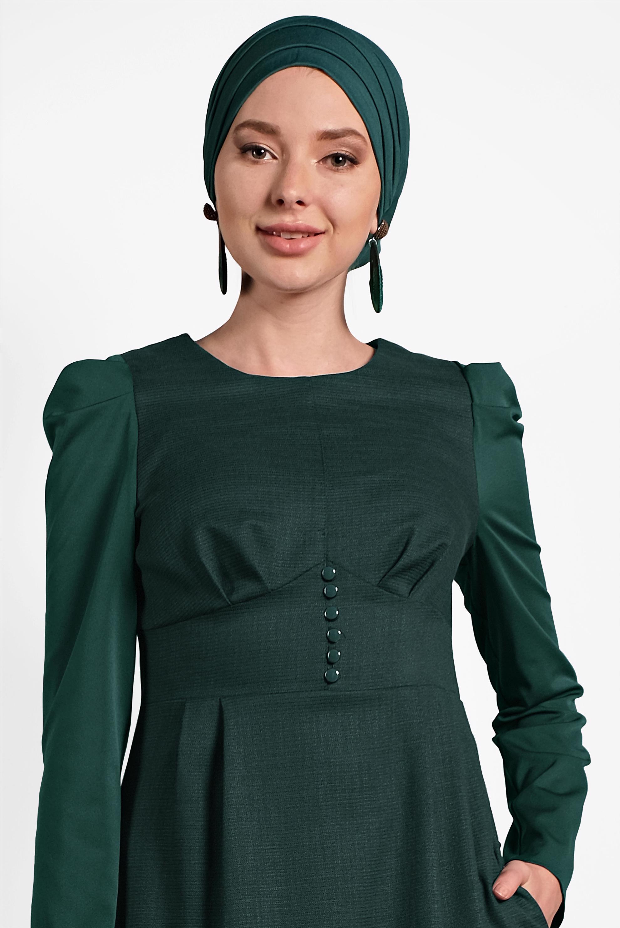 Tesettür giyim YEŞİL ARKADAN FERMUARLI ELBİSE 40381