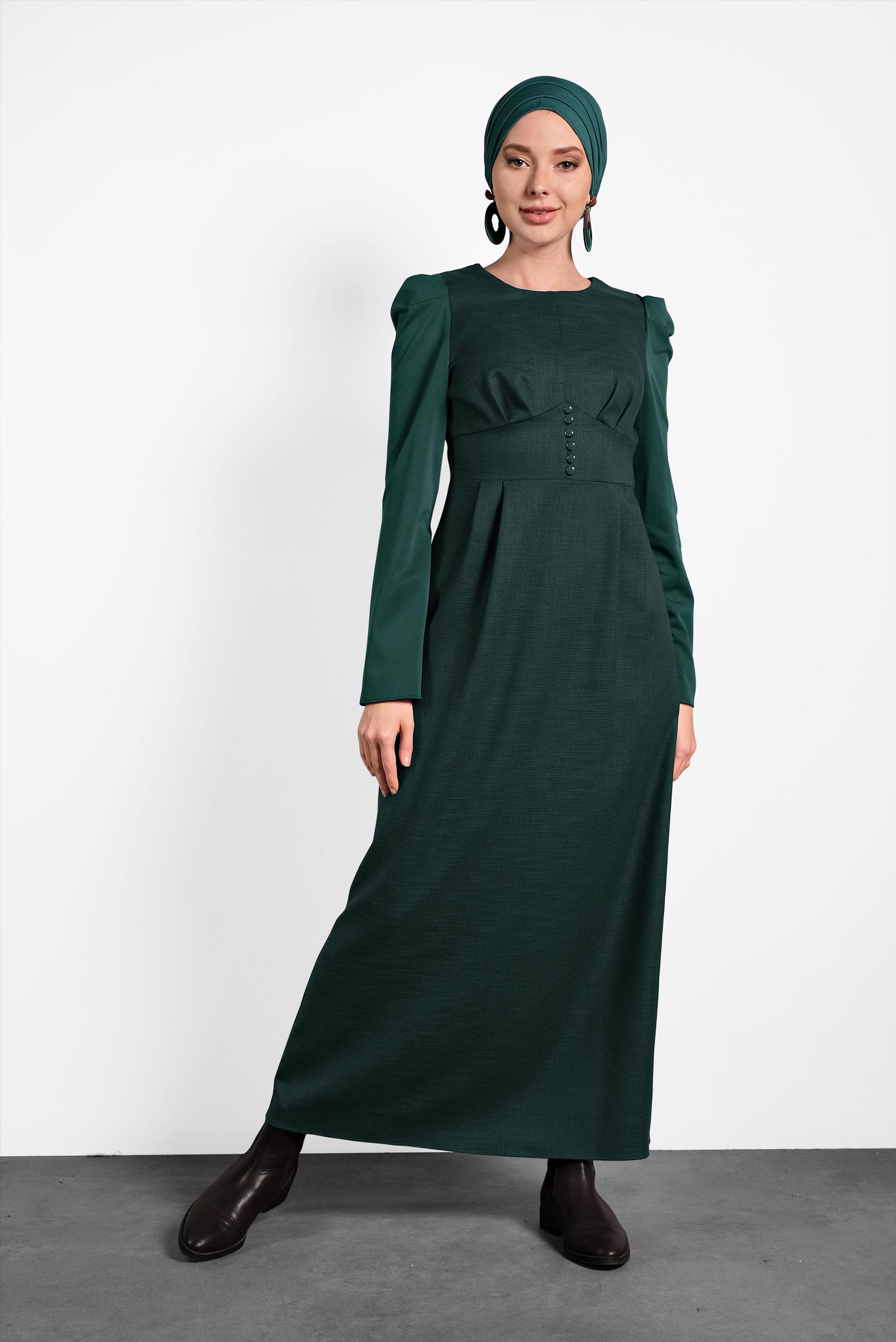 Tesettür giyim YEŞİL ARKADAN FERMUARLI ELBİSE 40381